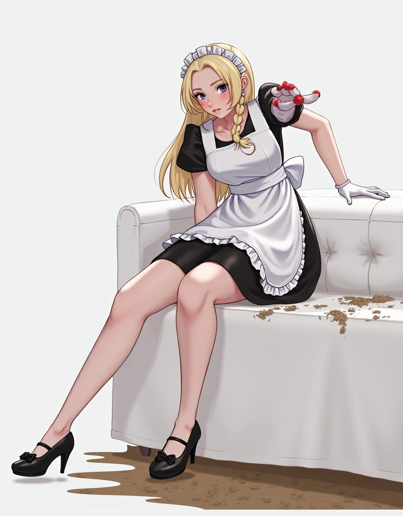 ((Britney Spears)), {{{masterpiece}}}, {realistic:1.2}, best quality, official art, extremely detailed CG unit 8k wallpaper, day, artbook, game_cg, ((Britney Spears 1girl)), NSFW, overexposed, milf, detailed bra, medium breasts, solo, long blonde hair, seductive smile, blue eyes, {white pantyhose}, high heels, sexy maid clothes, (in the kitchen) maid cap, crossed_legs,  eye_contact, {beautiful eyes detailed gradient}, red lips, illustration, highlights, cinematic lighting, dramatic angle