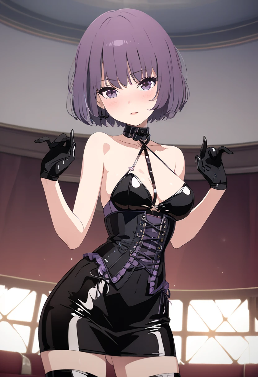 A girl with short black hair, purples eyes, a scar in line on the neck, black gown
