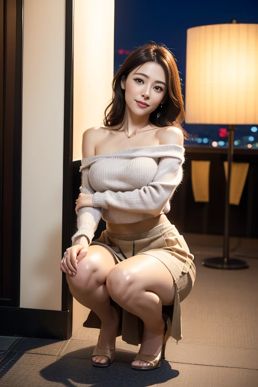 (((8k、High resolution、Highest quality、High resolution))), (()), masterpiece, Professional, Highest quality, beautiful girl, Great beauty、Curly Hair, Long Hair, Purple eyes, Off-the-shoulder blouse, Long skirt,Wearing ultra-realistic pantyhose、 A shy smile, Sit by the window、Whole Body Ezbian、