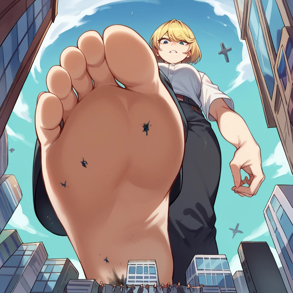 score_9, score_8_above, score_7_above, source_anime, BREAK POV  :  under Giantess  ,  white skin tone  , white shirt,  black pants  ,  blonde hair,from below, crossed legs ,Solas, city, destroying,car destroying