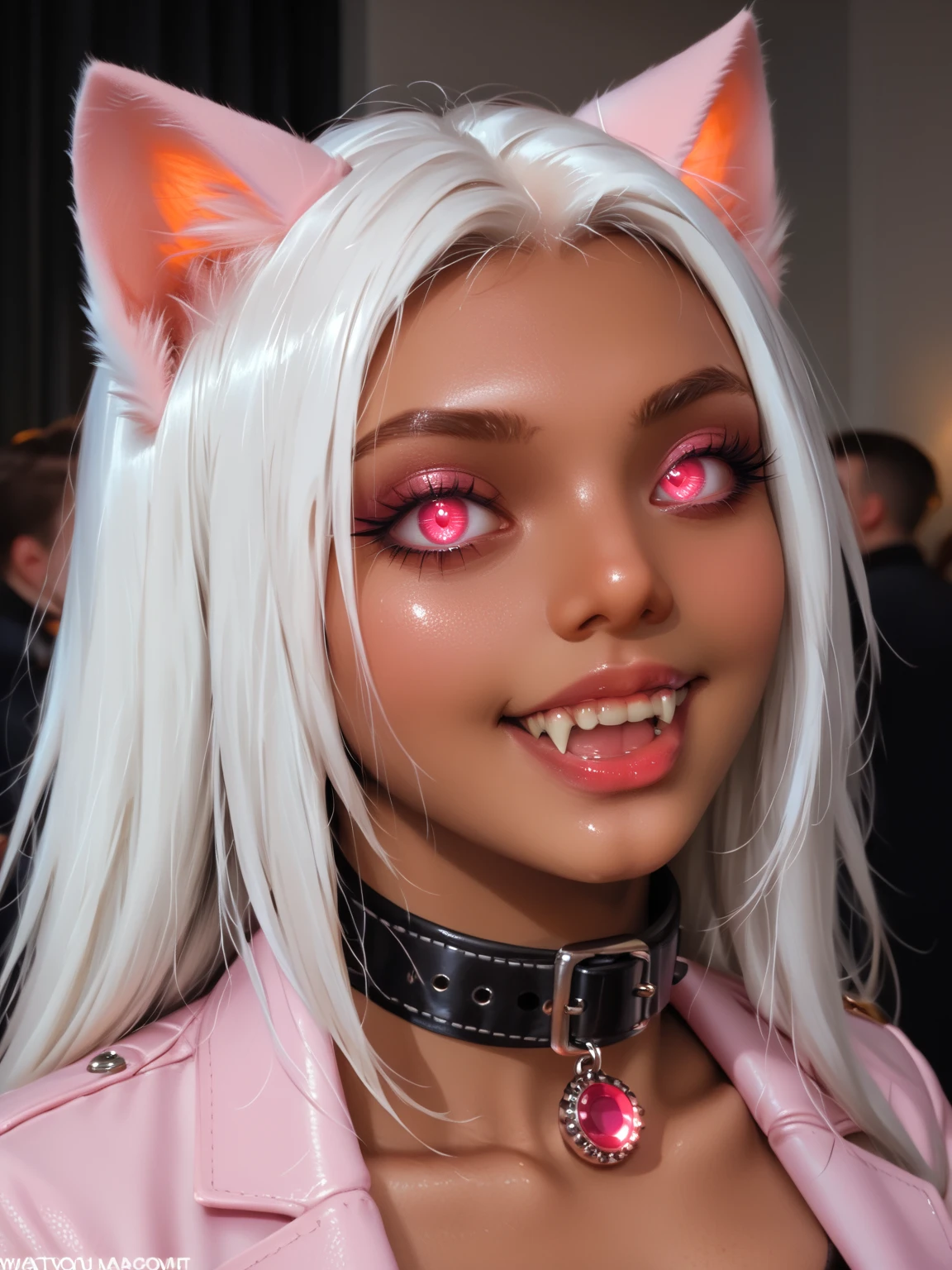 A photo of a woman with massive cleavage, (glowing pink cat eyes:1.4), (cat ears:1.2), (fangs:1.2), (neck collar:1.2), (dark tan skin:1.5), (white hair:1.2), wearing a grey leather dominatrix outfit with pink leather trim, glowing pink jewels, laughing, detailed face, detailed eyes, detailed lips, detailed chest, highest quality, masterpiece, hyper-realistic, extremely detailed, intricate details, ultra high resolution, 8k, focus on face