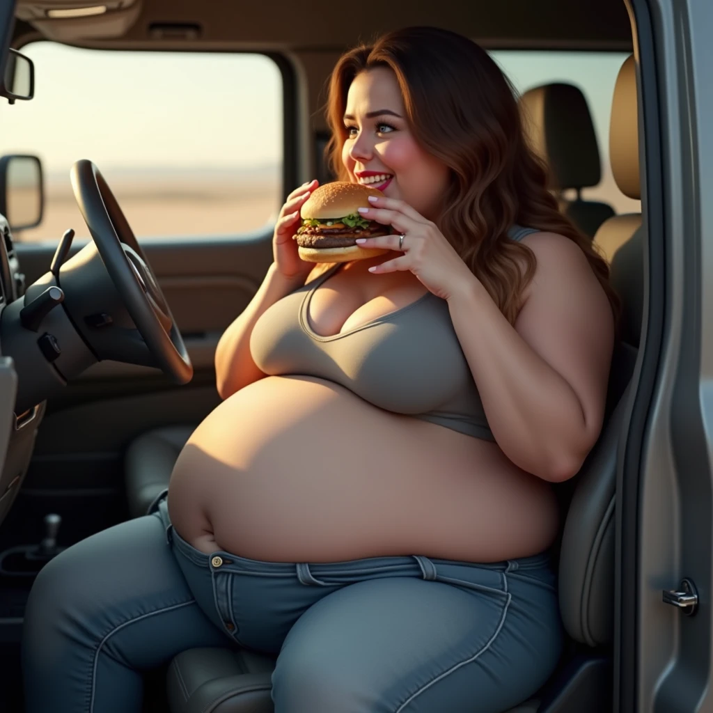 pregnant woman in a car, seatbelt. huge belly, busty, young 20 years old, eating a french fry, necklace, short hair, close-up