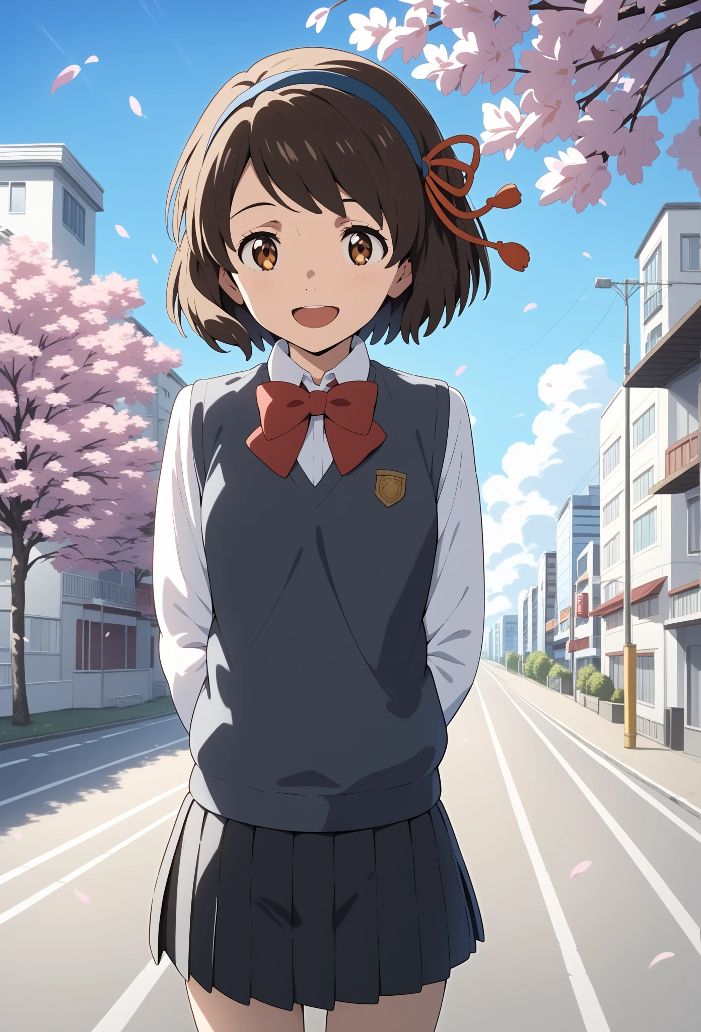 score_9, score_8_up, score_7_up, score_6_up, score_5_up, score_4_up, source_anime, bbmitsuha, short hair, dark brown curly hair, blue hairband, hair ribbon, brown eyes, school uniform, red bowtie, collared shirt, white shirt, sweater vest, long sleeves, pleated skirt, black skirt, smile, open mouth, standing, outdoors, cherry blossoms, arms behind back, road, city