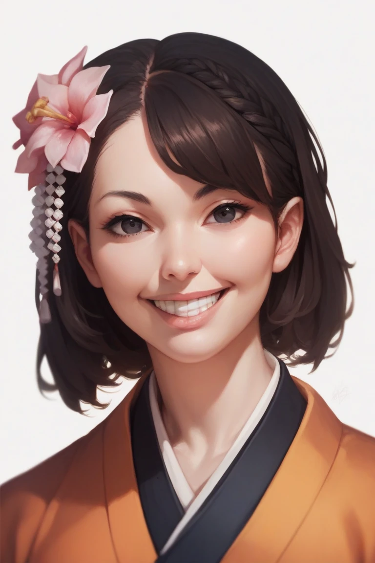 "1girl, solo, looking at viewer, smile, brown hair, black hair, hair ornament, white background, flower, japanese clothes, teeth, hair flower, grin, black eyes, lips, realistic"