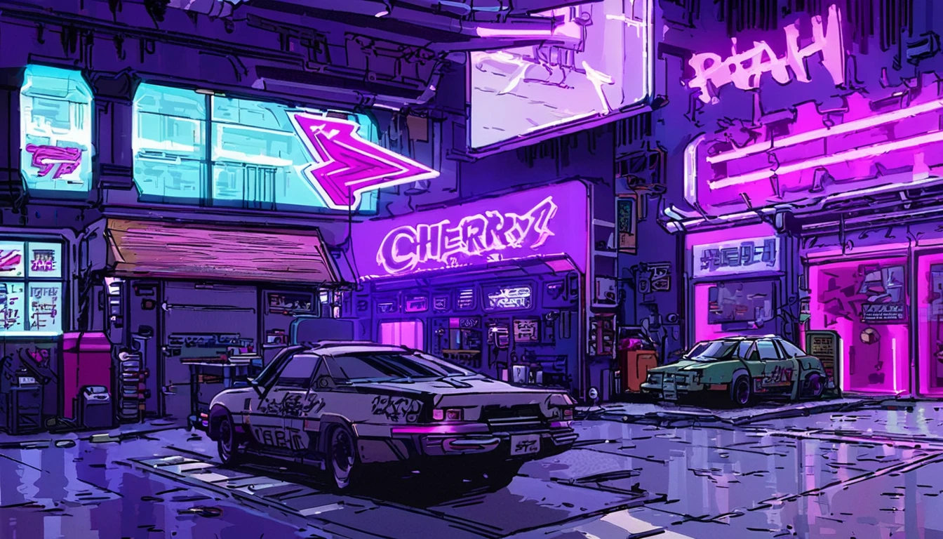 car workshop place, street view, cyberpunk, cherryhawks written on a sign, purple neon lights, comics art style