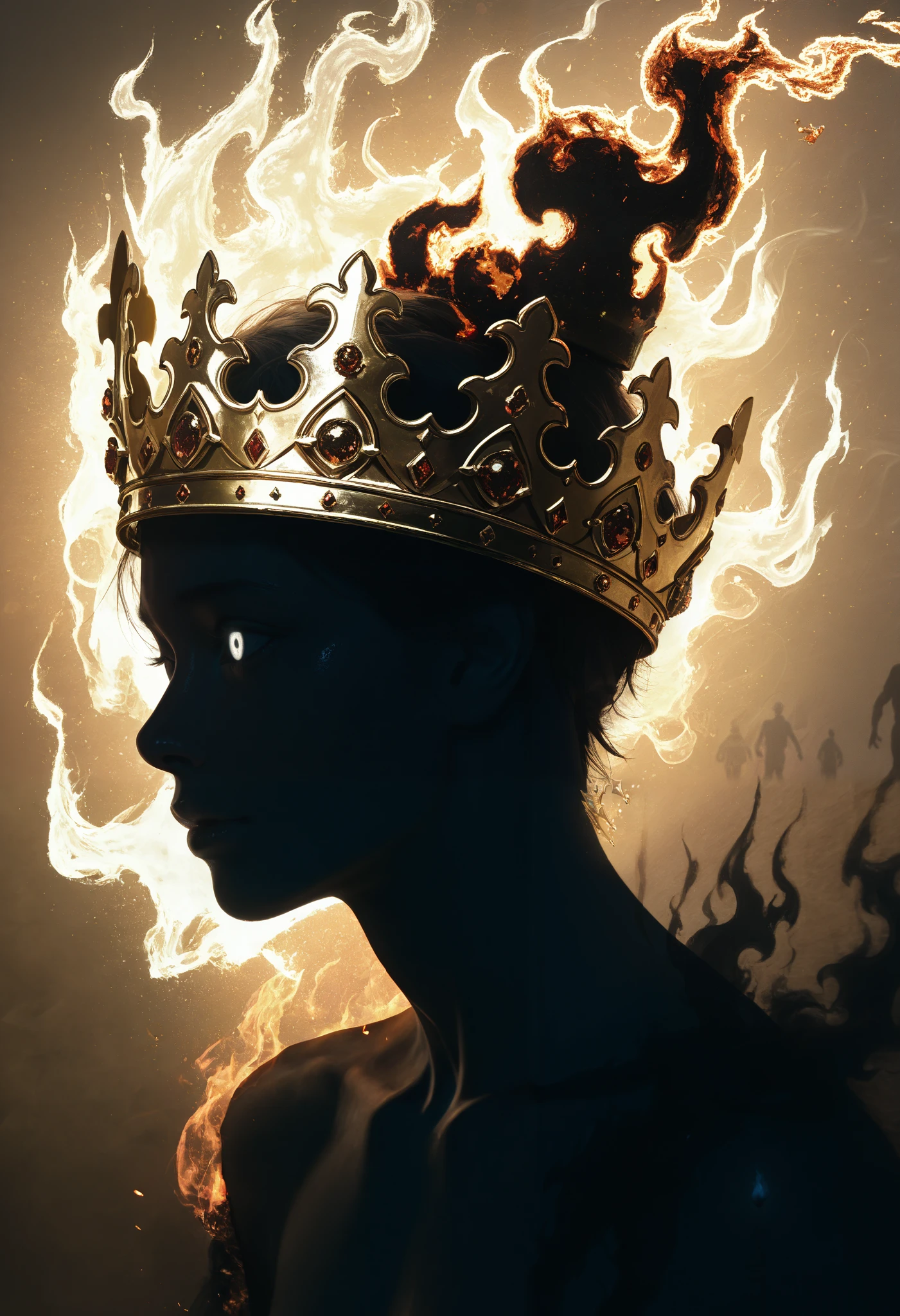 A very aesthetic image,visual fracture,(humanoid shadow),Black flames,Flaming crows,semi-realistic,smoky, shiny gold crown, shiny white eyes 