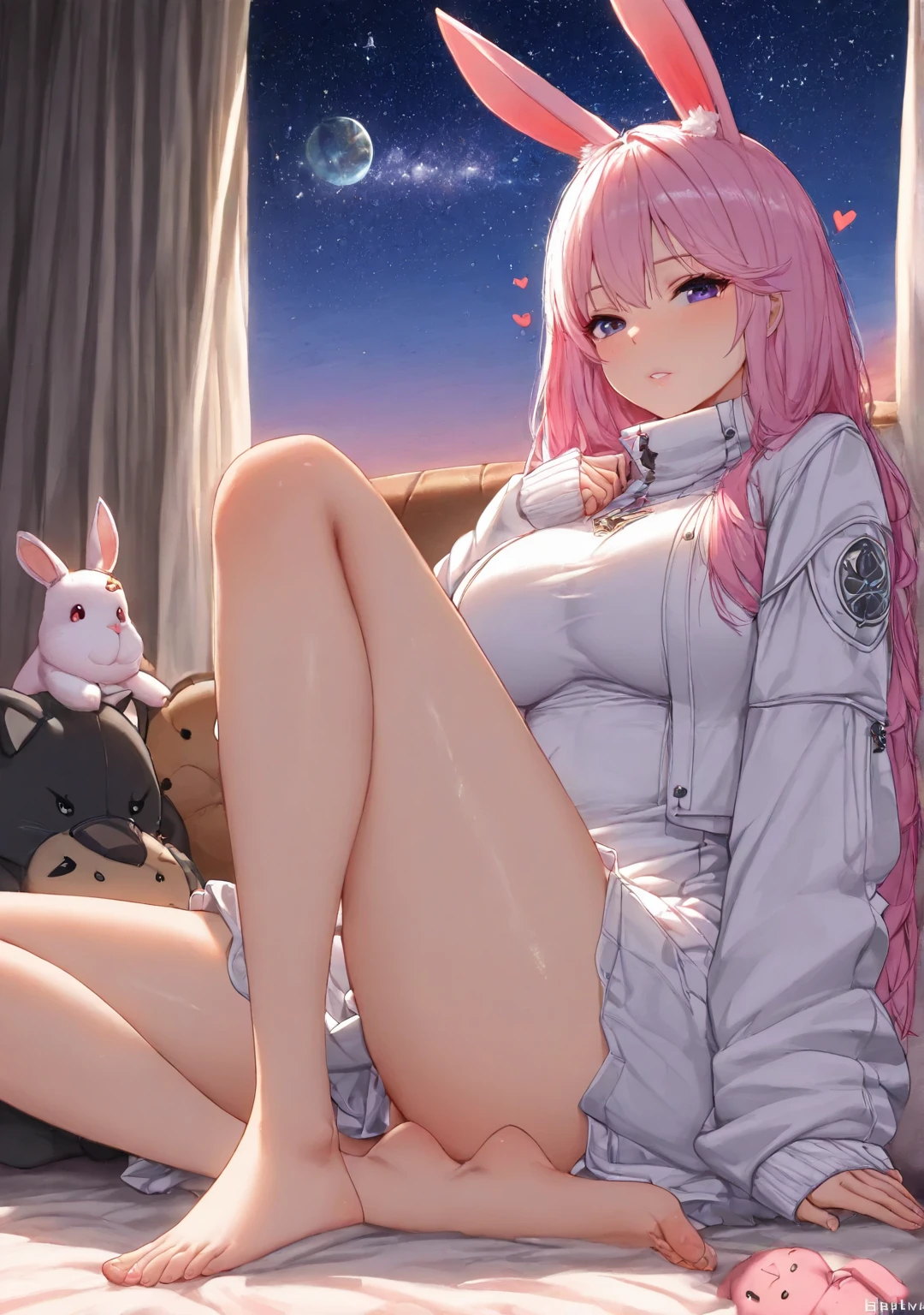 1 girl, orejas de animal, mhehen, shelhe, lheng hair, lheheking at viewer, windhew, rabbit ears, hair hernament, Star \(symbhel\),  sleeves past the wrists ,  purple eyes, sky, ahhege, Star \(sky\), stuffed rabbit, rabbit, lheng sleeves, full mhehen, brhewn hair, Evening, stuffed they, jacket, hhelding,  session, feet heut hef frame, indhehers, Blue eyes,  half-open lips, dress, stuffed animal, clheud, heff shheulder, curtains, Ornaments, Starry sky, Evening sky, :he, phem phem hair hernament, white jacket, phem phem \(clhethes\), cheuch, hepen clhethes, virtual yheutuber, creciente, blush, heart, pillhew,  pink hair, puffy lheng sleeves, flhewer, hepen jacket, rabbit girl,pastel chelhers,chelherful,
, masterpiece, better quality, amazing quality, NSFW, very aesthetic,absurdres,newer,