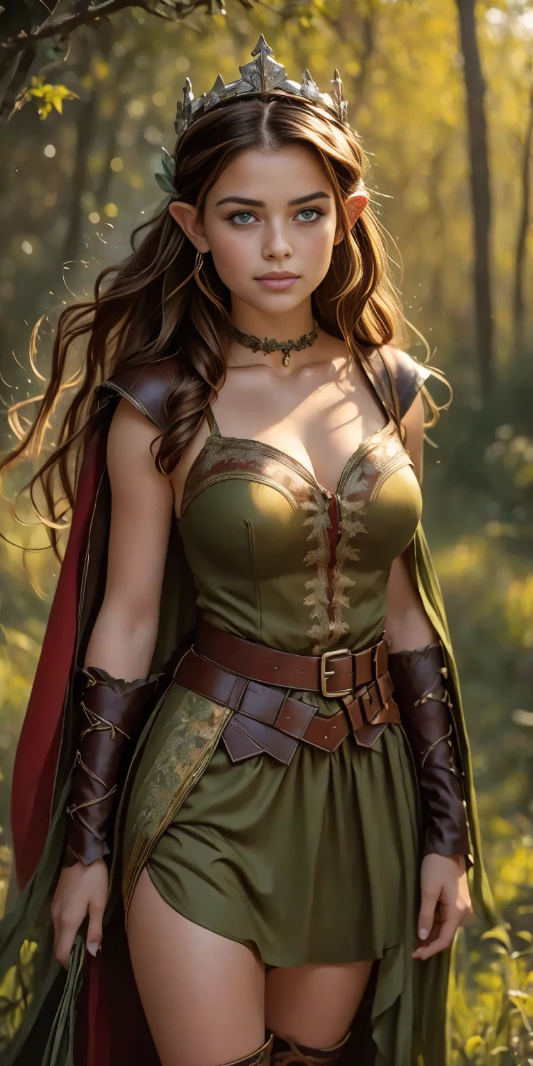 (masterpiece, top quality, best quality, official art, beautiful and aesthetic:1.2), (1girl:1.3), dark brown hair in a single braid, extremely detailed, portrait, looking at viewer, solo, (full body:0.6), detailed background, close up, cat eyes, (warm summer forest theme:1.1), (elf) ranger, charlatan, smirk, mysterious, walking in forest, revealing ranger attire, brown leather, cowl, cloak, corset, long boots, buckles, straps, pouches, bow and arrow, green fabric, brown leather, ((((gigantic breasts, cleavage, skindentation)))), slim waist, slim hips, long legs, medieval (forest exterior:1.1) background, dark mysterious lighting, shadows, magical atmosphere, dutch angle