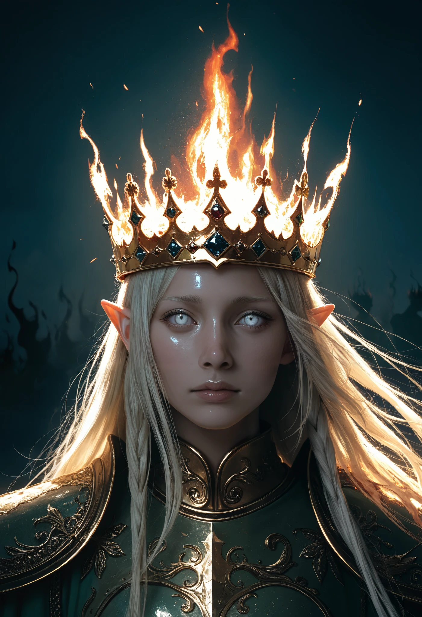 A very aesthetic image,visual fracture,humanoid shadow,Black flames,Flaming crows,semi-realistic,smoky, shiny gold crown, shiny white eyes ,Elf king