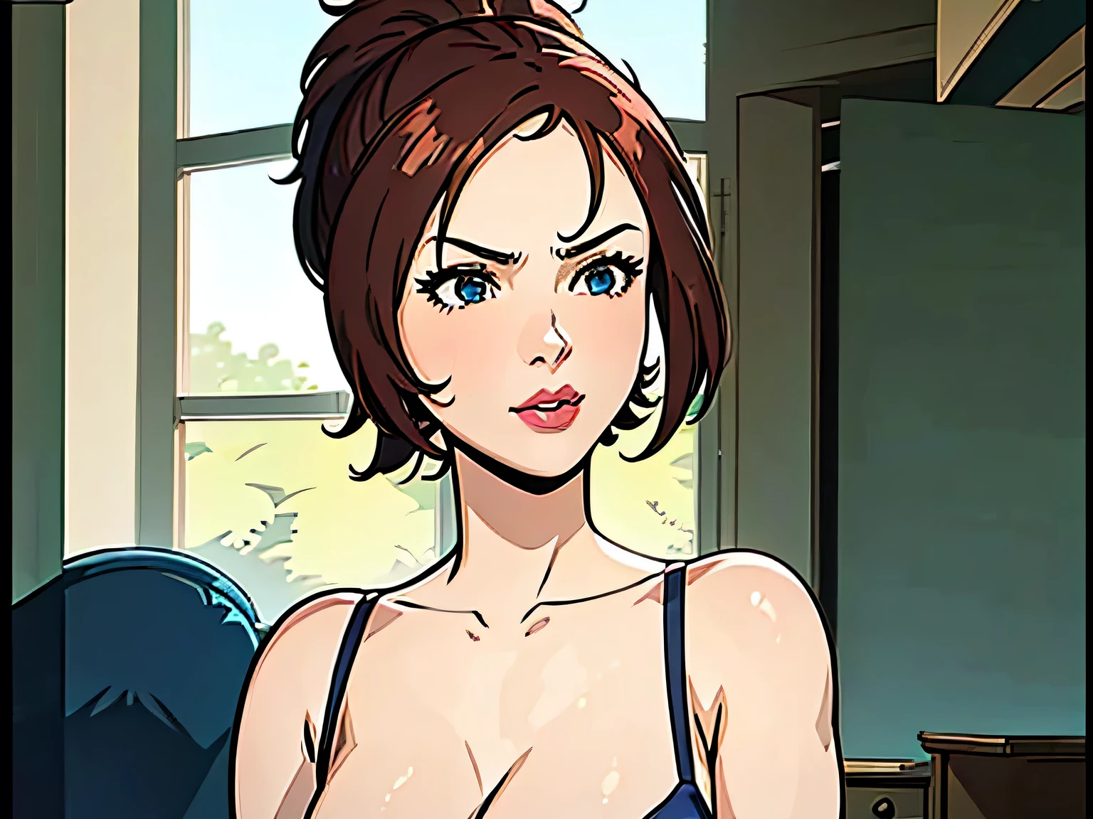 score_9, score_8_up, score_7_up, score_6_up, BREAK Ann possible, wearing blouse, bracelet, rings, big breasts, evil smirk, in a living room, looking at viewer, short hair, bending forward, front view