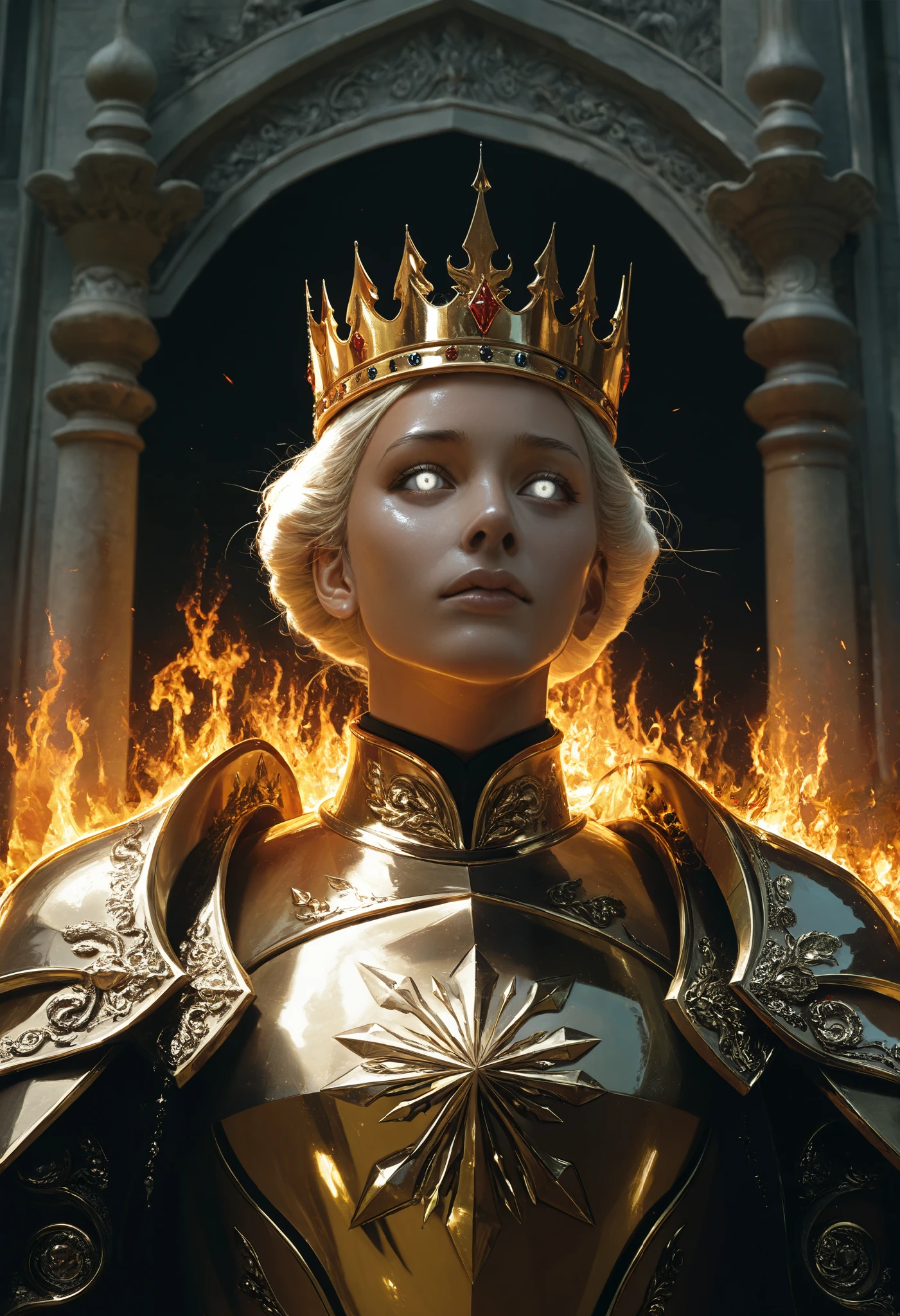 A very aesthetic image,visual fracture,humanoid shadow,Black flames,Flaming crows,semi-realistic,smoky, shiny gold crown, shiny white eyes ,iron throne