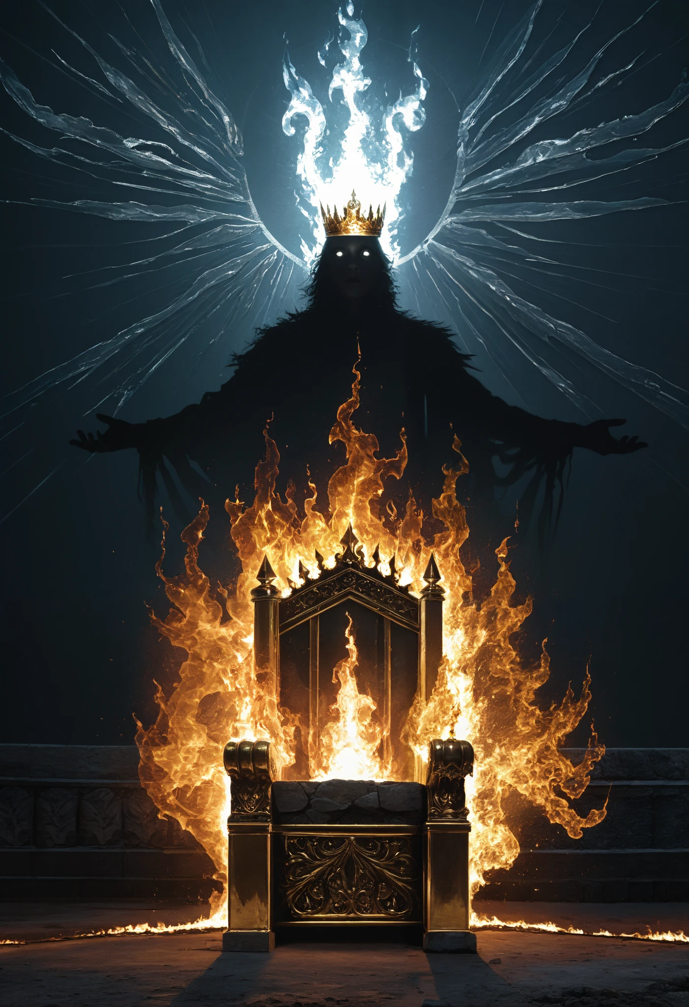 A very aesthetic image,visual fracture,humanoid shadow,Black flames,Flaming crows,semi-realistic,smoky, shiny gold crown, shiny white eyes ,iron throne