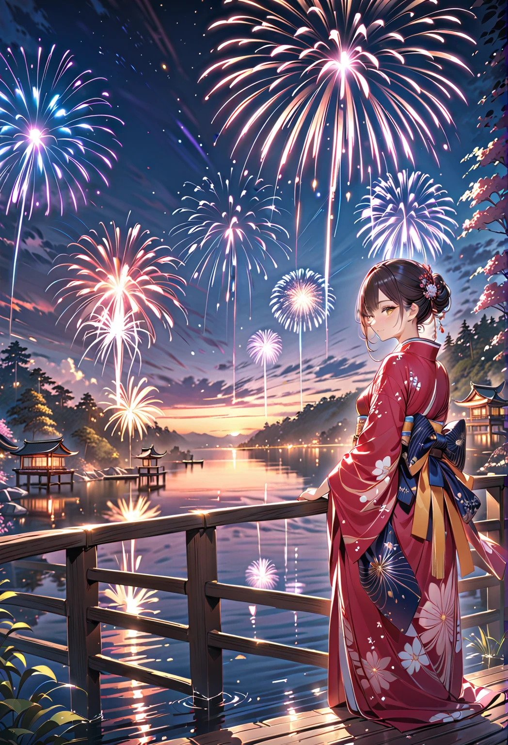 fireworks in the Sky. the write "2025" Is shining.  the fireworks are reflected on a lake. a beautiful girl on kimono looks them from a bridge. masterpiece. detail. 4k.