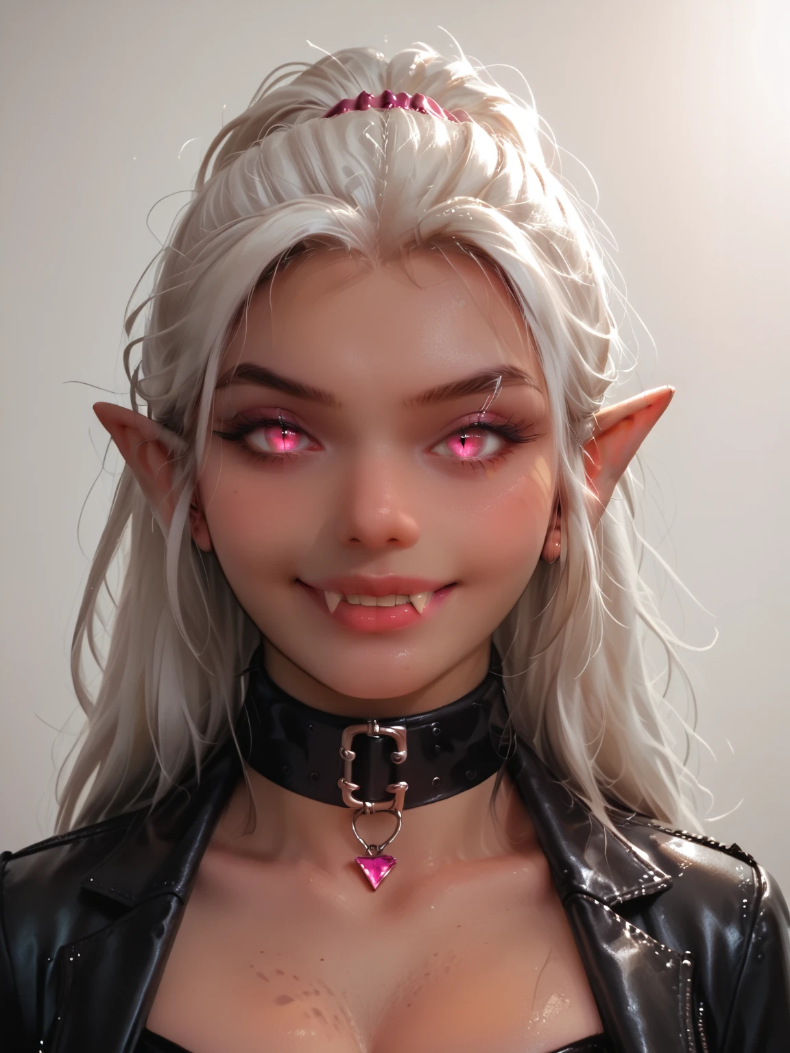 A photo of a woman with massive cleavage, (glowing pink cat eyes with slit pupils:1.3), (long pointed ears:1.2), (fangs:1.2), (grey leather neck collar:1.2), (dark tan skin:1.5), (white hair:1.2), wearing a grey leather dominatrix outfit with pink leather trim, glowing pink jewels, laughing, detailed face, detailed eyes, detailed lips, detailed chest, highest quality, masterpiece, hyper-realistic, extremely detailed, intricate details, ultra high resolution, 8k, focus on face