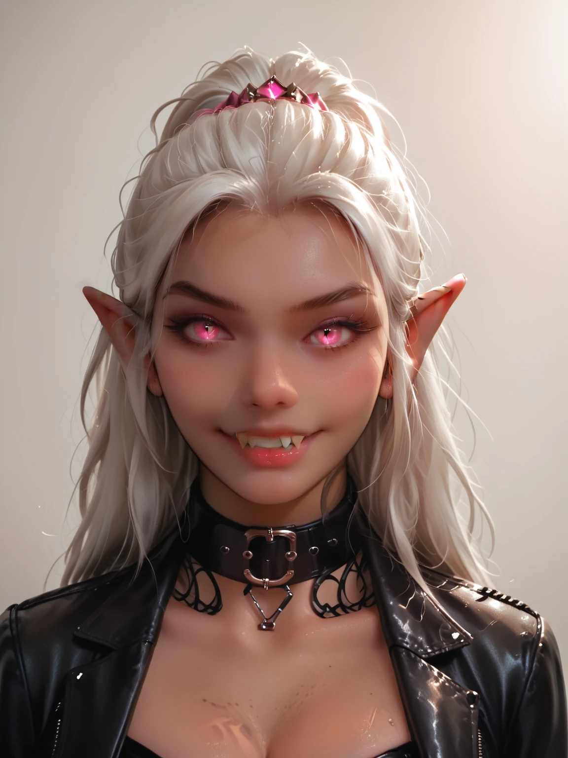 A photo of a woman with massive cleavage, (glowing pink cat eyes with slit pupils:1.3), (long pointed ears:1.2), (fangs:1.2), (grey leather neck collar:1.2), (dark tan skin:1.5), (white hair:1.2), wearing a grey leather dominatrix outfit with pink leather trim, glowing pink jewels, laughing, detailed face, detailed eyes, detailed lips, detailed chest, highest quality, masterpiece, hyper-realistic, extremely detailed, intricate details, ultra high resolution, 8k, focus on face