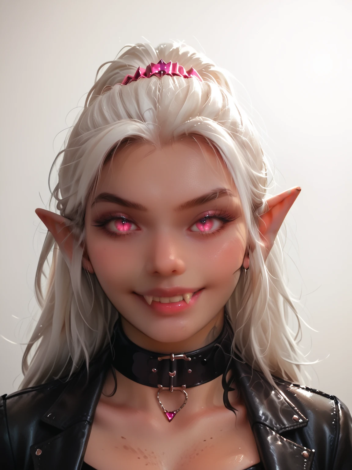 A photo of a woman with massive cleavage, (glowing pink cat eyes with slit pupils:1.3), (long pointed ears:1.2), (fangs:1.2), (grey leather neck collar:1.2), (dark tan skin:1.5), (white hair:1.2), wearing a grey leather dominatrix outfit with pink leather trim, glowing pink jewels, laughing, detailed face, detailed eyes, detailed lips, detailed chest, highest quality, masterpiece, hyper-realistic, extremely detailed, intricate details, ultra high resolution, 8k, focus on face