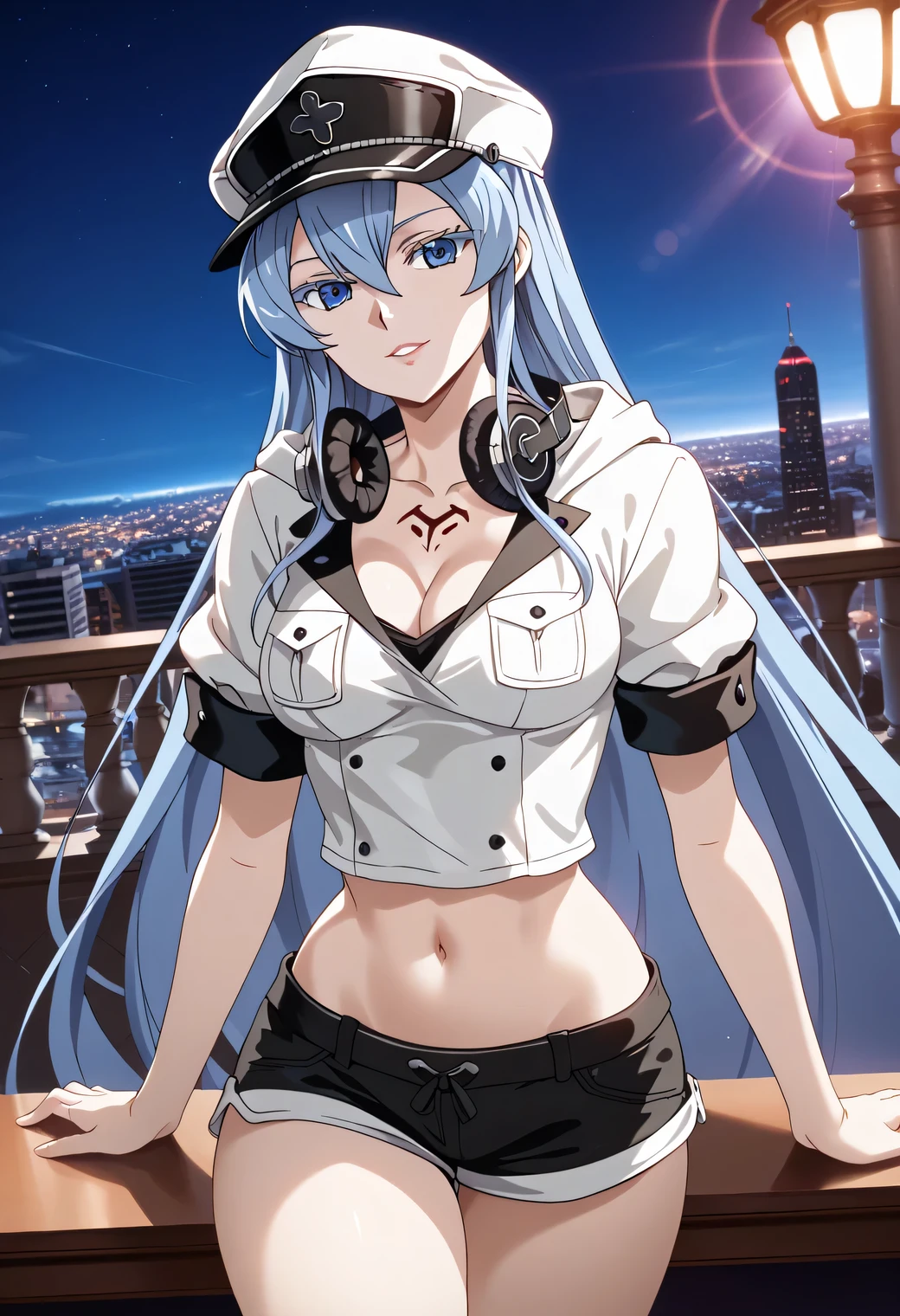 esdeath, blue eyes, blue hair, long hair, BIG BREASTS, eyelashes, red face, hat, hair between eyes,hip hop dancer style,cap,wearing headphones around the neck,shorts,hooded sweatshirt,colorful shirt,belly button,natural lip,city,night,exquisite visuals,stylish pose, stylish angle,looking at the viewer, in the center of the image,alone, beautiful Finger,beautiful long legs,beautiful body,beautiful character design, perfect eyes, Perfect face,expressive eyes, official art,High Definition CG Unity, Perfect lit, bright_front_face_lit, (table top:1.0),(Highest_quality:1.0),4k,Super detailed, photograph, 8K, nffsw, High resolution, absurd:1.2, kodak portrait 400, film grain, Lens flare, (lively_color:1.2) (beautiful,medium breasts:1.4), (beautiful_face:1.3),(narrow_waist),, CLEAVAGE,