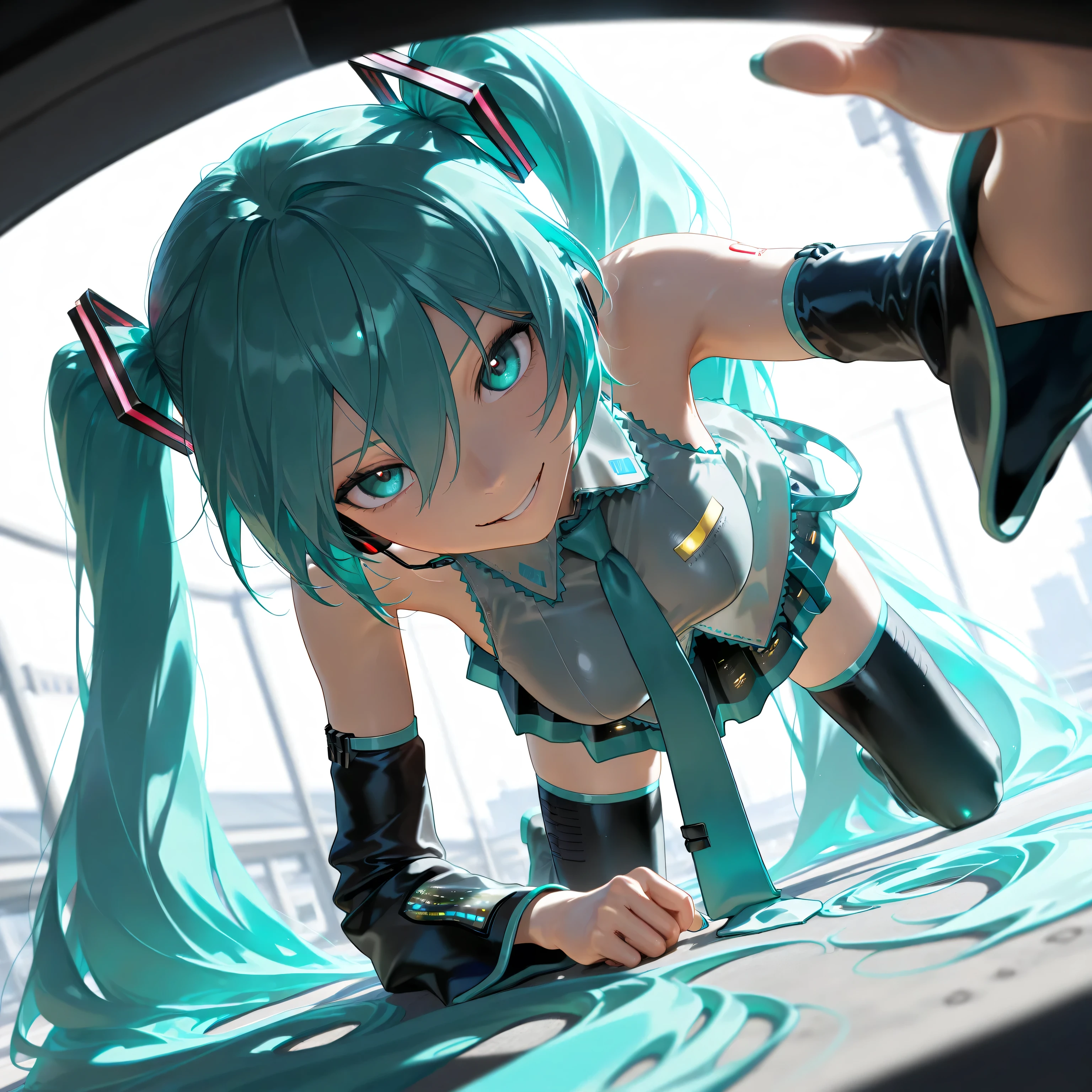 masterpiece, top quality , great quality, very aesthetic, absurd, up to date, scenery, Hatsune Miku , very huge big 、white background on all fours, black light, watching viewers, Evil Smiles , Photorealistic , Dutch angle , masterpiece, top quality , great quality, very aesthetic, absurd, up to date, scenery, Volumetric Lighting