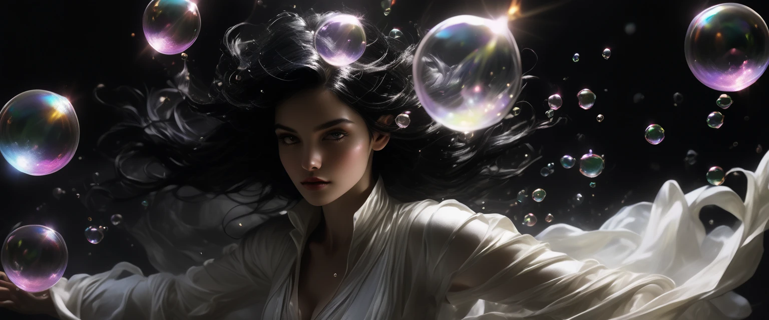 Goddess of Potions,  black hair, White clothes , Potion glasses,  light detaching the dark, alchemy. Bubbles around,  FLOATING IN THE AIR , realistic hands