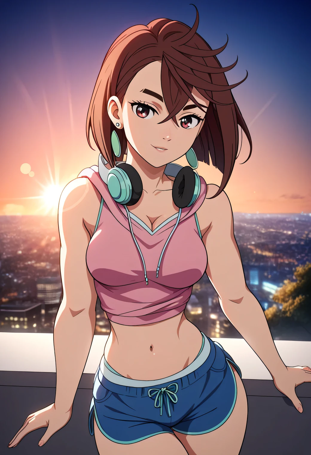 momo ayase, short hair, brown hair, brown eyes, bangs, thick eyebrows, medium breasts, earrings, hair between eyes,hip hop dancer style,cap,wearing headphones around the neck,shorts,hooded sweatshirt,colorful shirt,belly button,natural lip,city,night,exquisite visuals,stylish pose, stylish angle,looking at the viewer, in the center of the image,alone, beautiful Finger,beautiful long legs,beautiful body,beautiful character design, perfect eyes, Perfect face,expressive eyes, official art,High Definition CG Unity, Perfect lit, bright_front_face_lit, (table top:1.0),(Highest_quality:1.0),4k,Super detailed, photograph, 8K, nffsw, High resolution, absurd:1.2, kodak portrait 400, film grain, Lens flare, (lively_color:1.2) (beautiful,medium breasts:1.4), (beautiful_face:1.3),(narrow_waist),, CLEAVAGE,