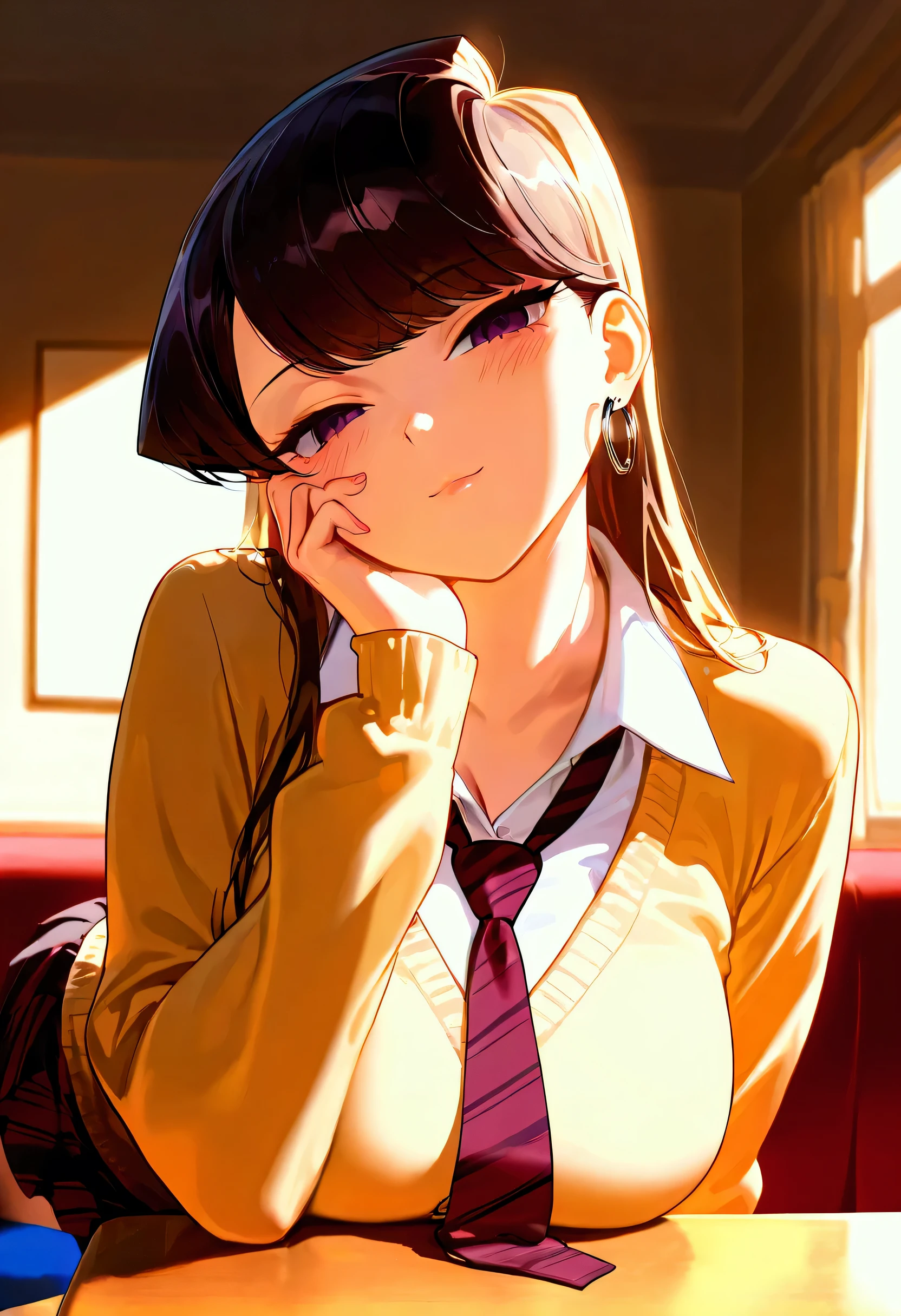 portrait, cute girl, Komi Shouko, solo, school uniform, micro skirt, long hair, twintail hair, blonde hair with white ends, purple eyes, large breasts, necktie, hoop Pierced earrings, glossy lips, cardigan, blush, flawless smooth skin, looking at viewer, seductive smile, head tilt, half closed eyes, indoors, living, table, sofa, (best quality,4k,8k,highres,masterpiece:1.2),ultra-detailed,intricate details, high fashion, dramatic lighting, warm colors, chiaroscuro