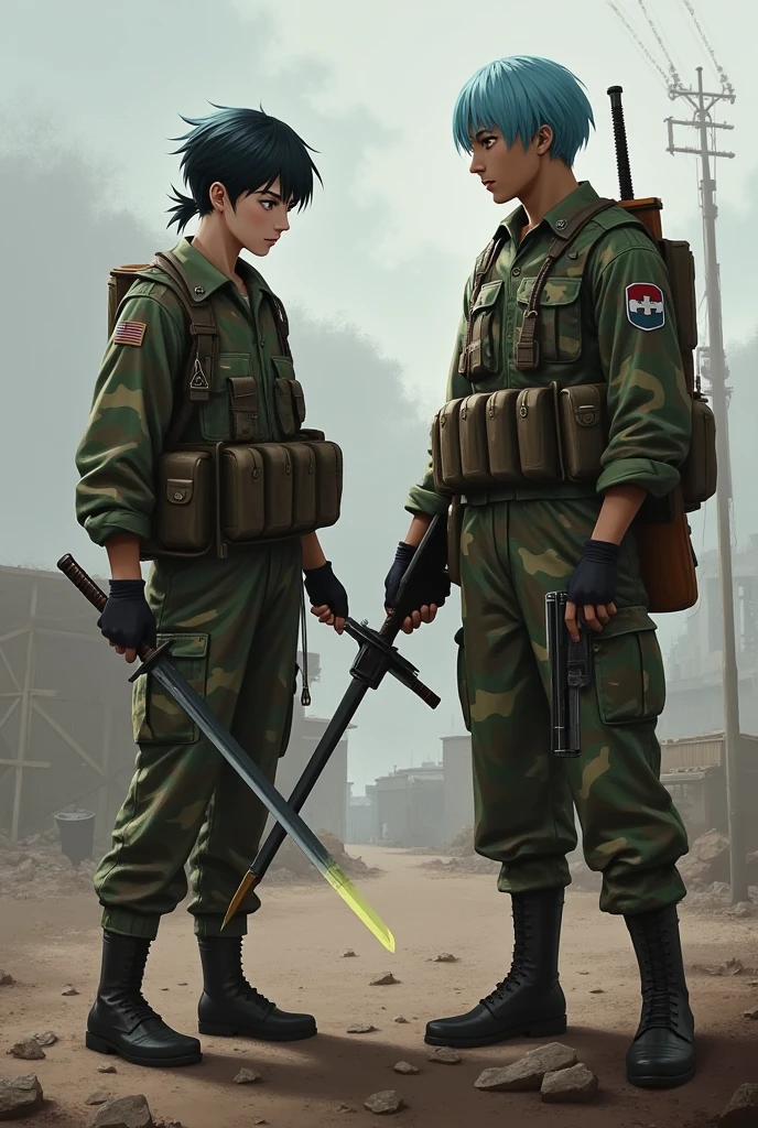  a male soldier in camouflage with short hair and a pigtail,  he is holding a well-defined sword .  partly to him there is another taller and mulatto soldier ,  with short blue hair he is also in a camouflage suit , But at a gun  