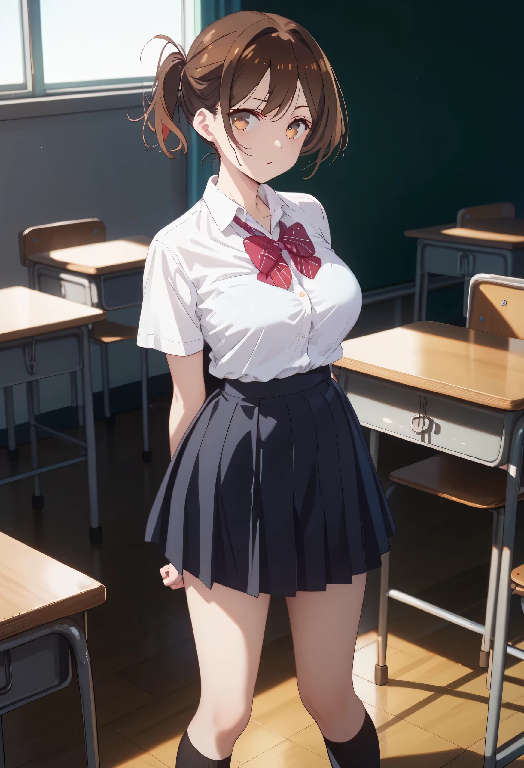 masterpiece, 1girl, best quality, chizuru mizuhara, waist-length chestnut-brown hair, a small ponytail hanging on the back, large breasts, brown eyes, full body, school uniform, white shirt, black skirt, classroom, standing, arms behind back, looking at viewer