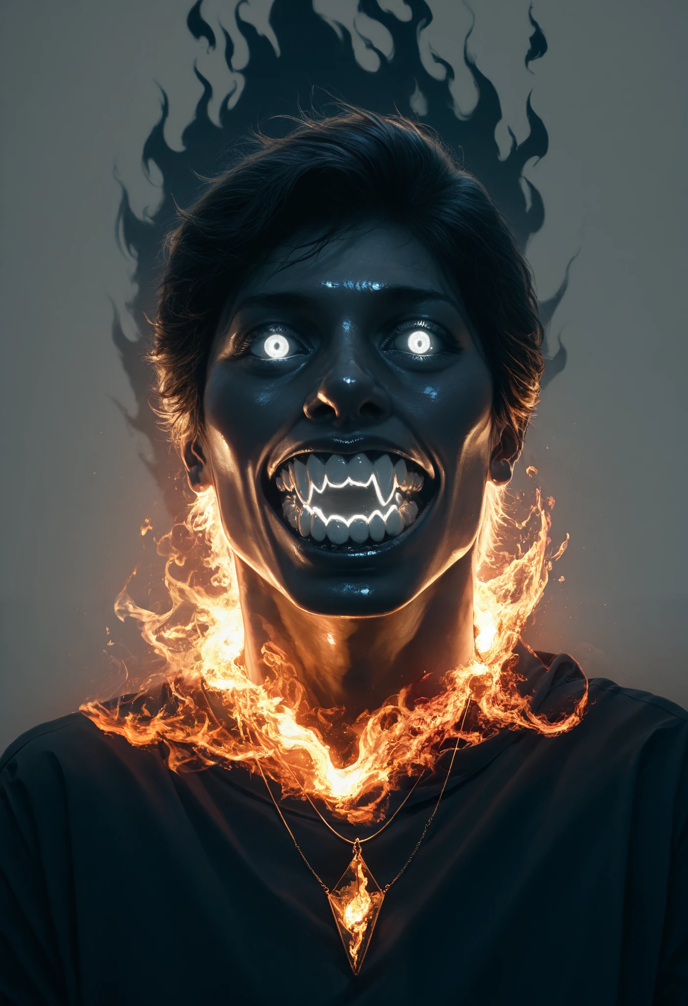 A very aesthetic image,visual fracture,(humanoid shadow),Black flames,Flaming crows,semi-realistic,smoky,Brilliant gold teeth, shiny white eyes ,neon pendant