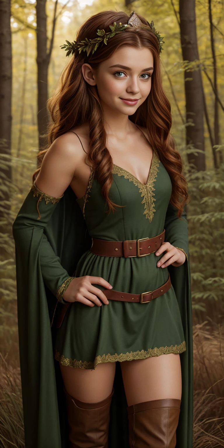 ((8k)),((FanPri )),((medieval)),((perfect eyes, detailed skin ,detailed skin)),((detailed skin ,skin blemish)),(Forest),(( full body presentation )),((overall presentation)),(( the sides of the picture are surrounded by a coniferous forest )),(( in the middle of the picture a forest clearing in which there is a flower meadow)), Sun rays illuminate the clearing ,((( a young teenage girl,))),((a short green elf dress and a cape)),(( long leather boots)),((Elf crown )),((poses while standing)),(Elf princess),(cute),( beautiful ),(cute),(( perfect body )),((short red wavy hair)),((green eyes)),((Red lips)),(smiles),( Look at the camera),(( wears valuable jewelry)),( little fantasy warrior mind),Fantasieland,Epic light and lighting,heroic pose ,graceful,Elegant,