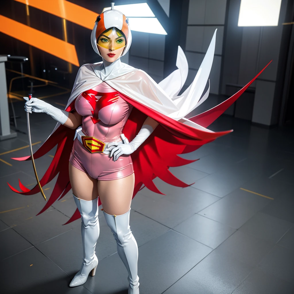 ANI_CLASSIC_jun_gatchaman_ownwaifu,1girl, s old,good anatomy, masterpiece, best quality,realistic, hyper realistic, 16k hdr, long hair,breasts,lips,large breasts,lipstick,makeup,gloves,cape,helmet,belt,elbow gloves,white gloves,mask,ultra miniskirt,leotard,spacesuit,white tight overknee highheels boots,pink dress,superhero,bodysuit,cleavage,erected nipples,(stand pose,hands on hip),(spread legs:1.1),cameltoe