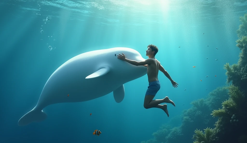 A young man swimming with a beluga whale.