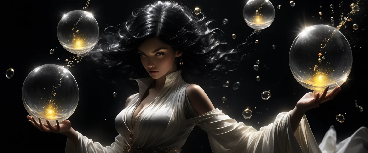 Goddess of Potions, Logos and black hair , White clothes ,  potion glass in one hand,  light detaching the dark, alchemy. Bubbles around,  FLOATING IN THE AIR , realistic hands