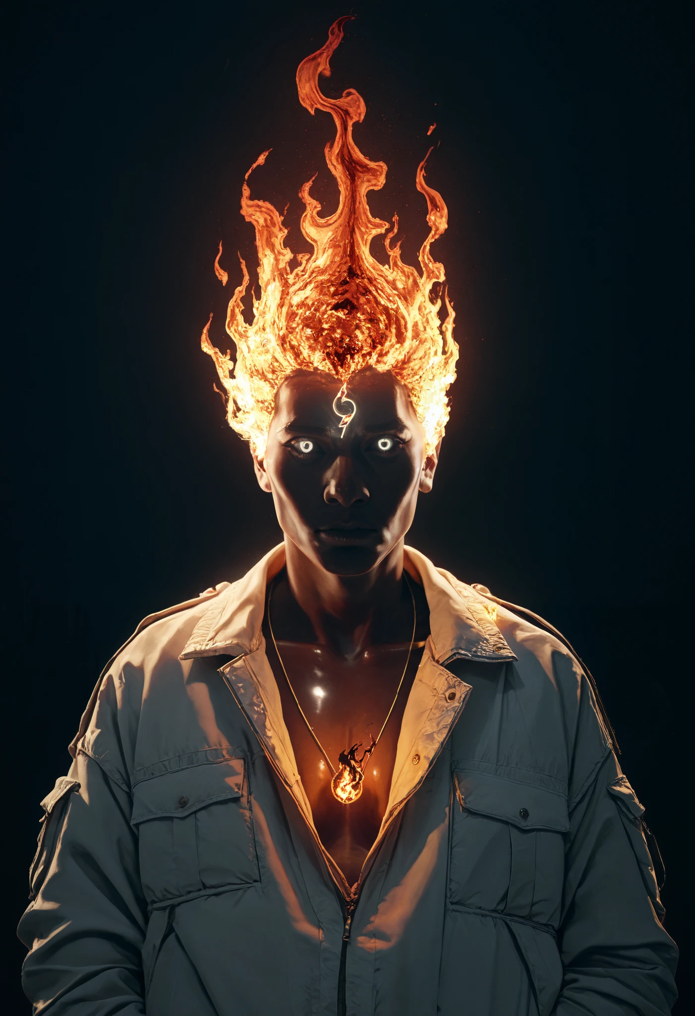 A very aesthetic image,visual fracture,(humanoid shadow),Black flames,Flaming crows,semi-realistic,smoky,Brilliant Gold Eyes, shiny white eyes ,neon pendant