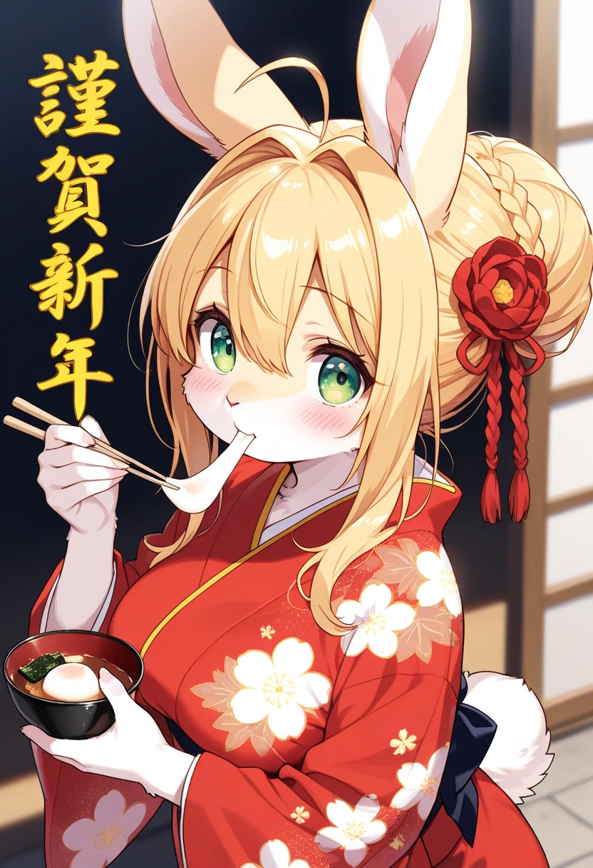 1girl, (furry, kemono:1.4), rabbit girl, animal nose, rabbit ears, rabbit tail, blonde hair, green eyes, ahoge, chopsticks, blush, hair intakes, hair between eyes, hair bun, single hair bun, braid, breasts, japanese clothes, kimono, wide sleeves, hair ribbon, long sleeves, floral print, looking at viewer, food, eating, mochi, bowl, bow, solo, holding, upper body, red kimono, red ribbon, mochi trail, holding chopsticks, text happy new year,