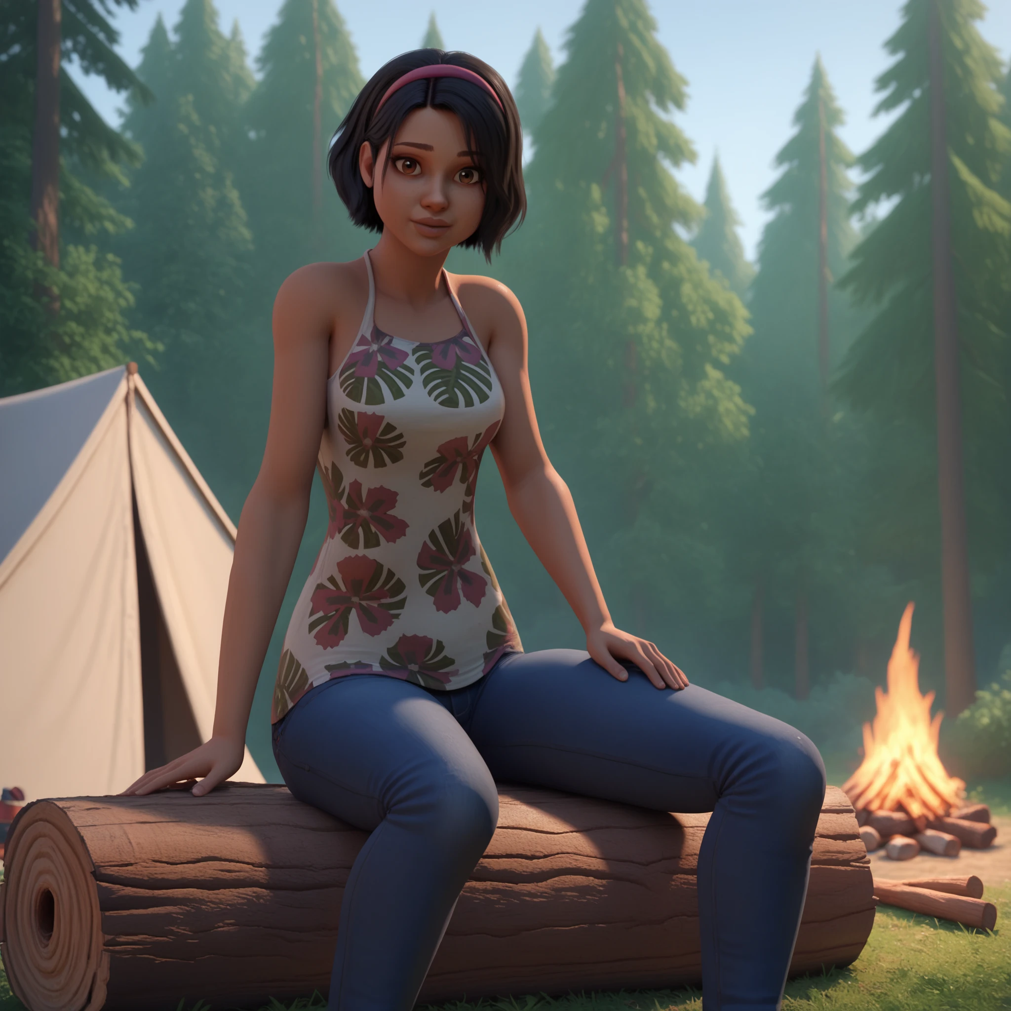 1girl, solo, SammyGutierrez, black hair, short hair, pink hairband, brown eyes, dark-skinned female, tank top, floral print, bare shoulders, jeans, cowboy shot, day, outdoors, campfire, tent,  forest, looking at viewer, sitting, sitting on log,