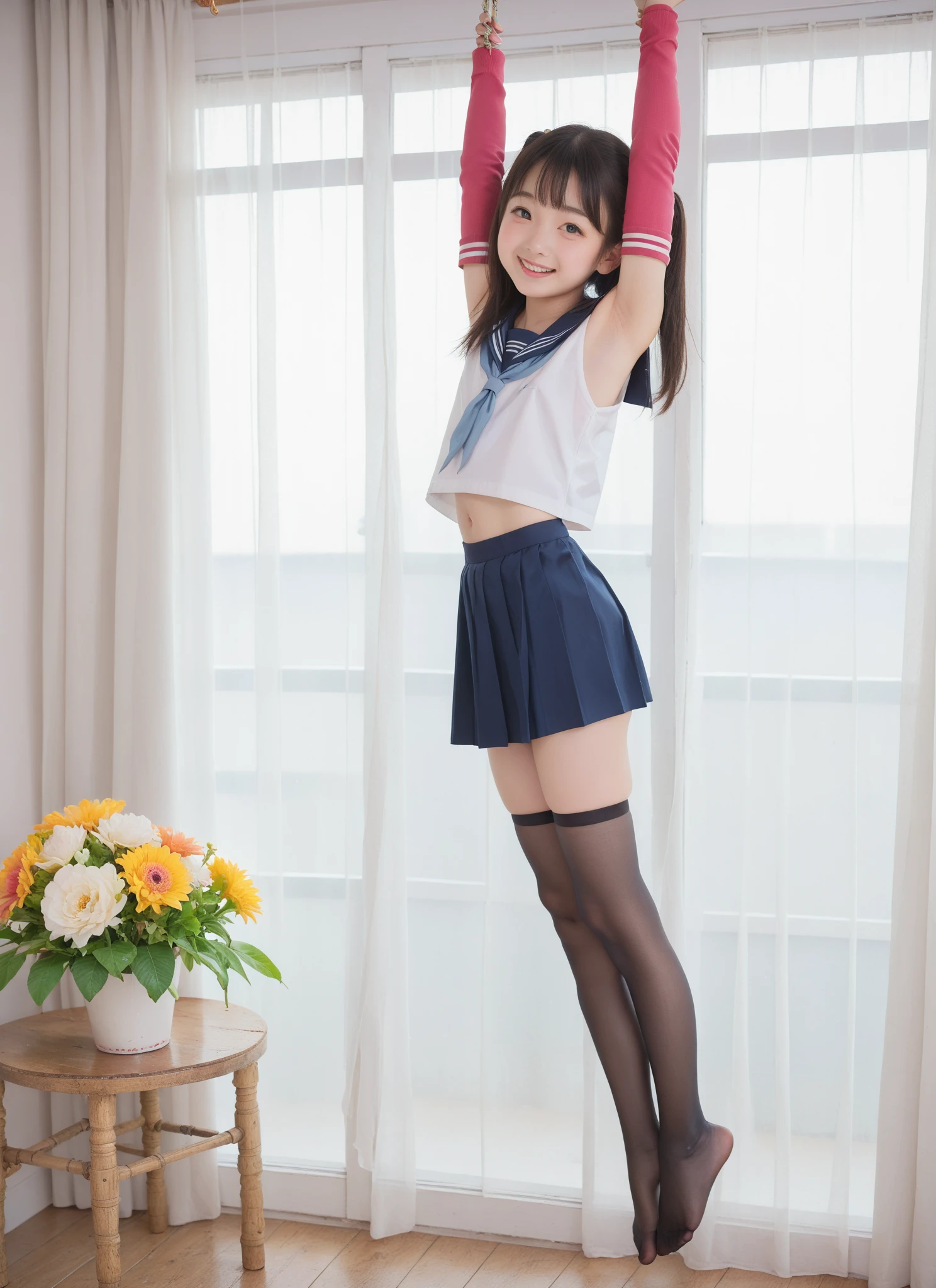  Short Sleeve Sailor Suit ,young cute girl,masterpiece,4K,8k,16k,Thin arms, white skin, Thin Thighs:1.5, thin body,delicate,Young,  black stockings, are on a swing, can see your armpits,smile, watching here, taken from the side, very skinny