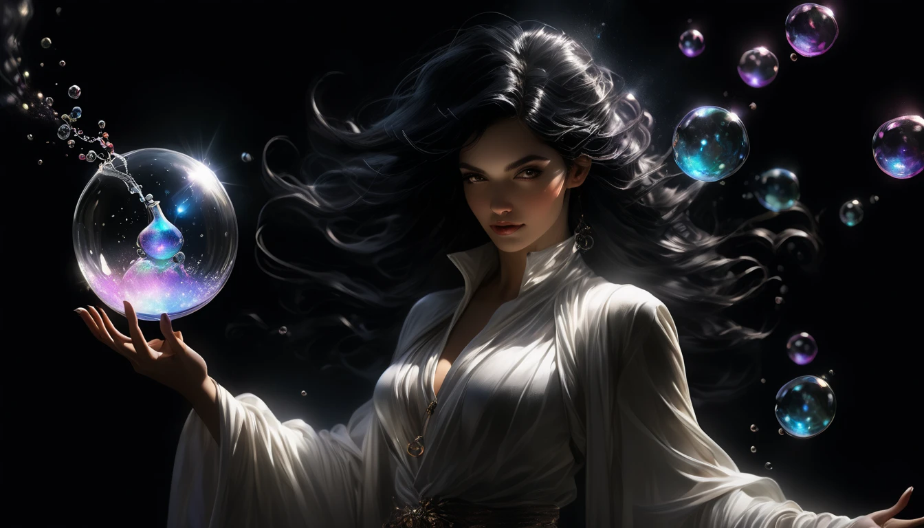 Goddess of Potions, Logos and black hair , White clothes ,  potion glass in one hand,  light detaching the dark, alchemy. Bubbles around,  FLOATING IN THE AIR , realistic hands