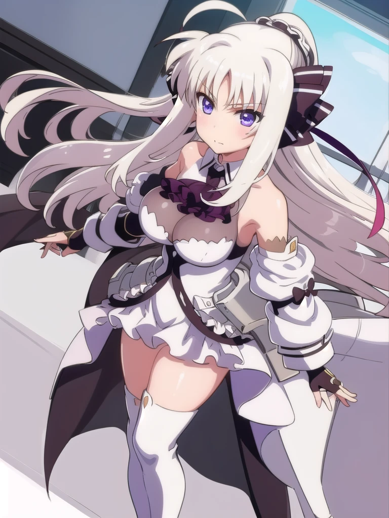  score_9, score_8_up, score_7_up, source_anime, rating_safe BREAK 1 girl, solo, ((indoor)), best quality, high quality, ultra detailed, detailed fingers, ((white hair)), rinne_bj, ((white thigh-length boots)), absolute territory, bare shoulders, ((thigh-high boots)), black gloves, black ascot, fingerless gloves, puff sleeves, skirt, black sleeves, separated sleeves and shoulders,
 female standing, long hair, looking at viewer, purple eyes, ahoge, v-shaped eyebrows, large breasts, hair ribbon, ponytail, bangs, full body, 
