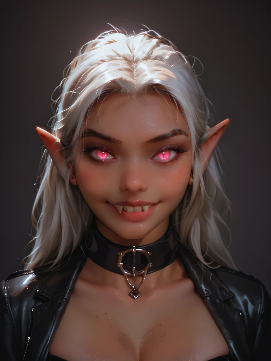 A photo of a woman with (massive cleavage), (glowing pink cat eyes with slit pupils:1.3), (long pointed ears:1.2), (fangs:1.2), ((grey) leather neck collar:1.2), (dark tan skin:1.75), (white hair:1.2), wearing a (grey) leather dominatrix outfit with pink leather trim, glowing pink jewels, laughing, shiny oily skin, detailed face, detailed eyes, detailed lips, detailed chest, highest quality, masterpiece, hyper-realistic, extremely detailed, intricate details, ultra high resolution, 8k, focus on face