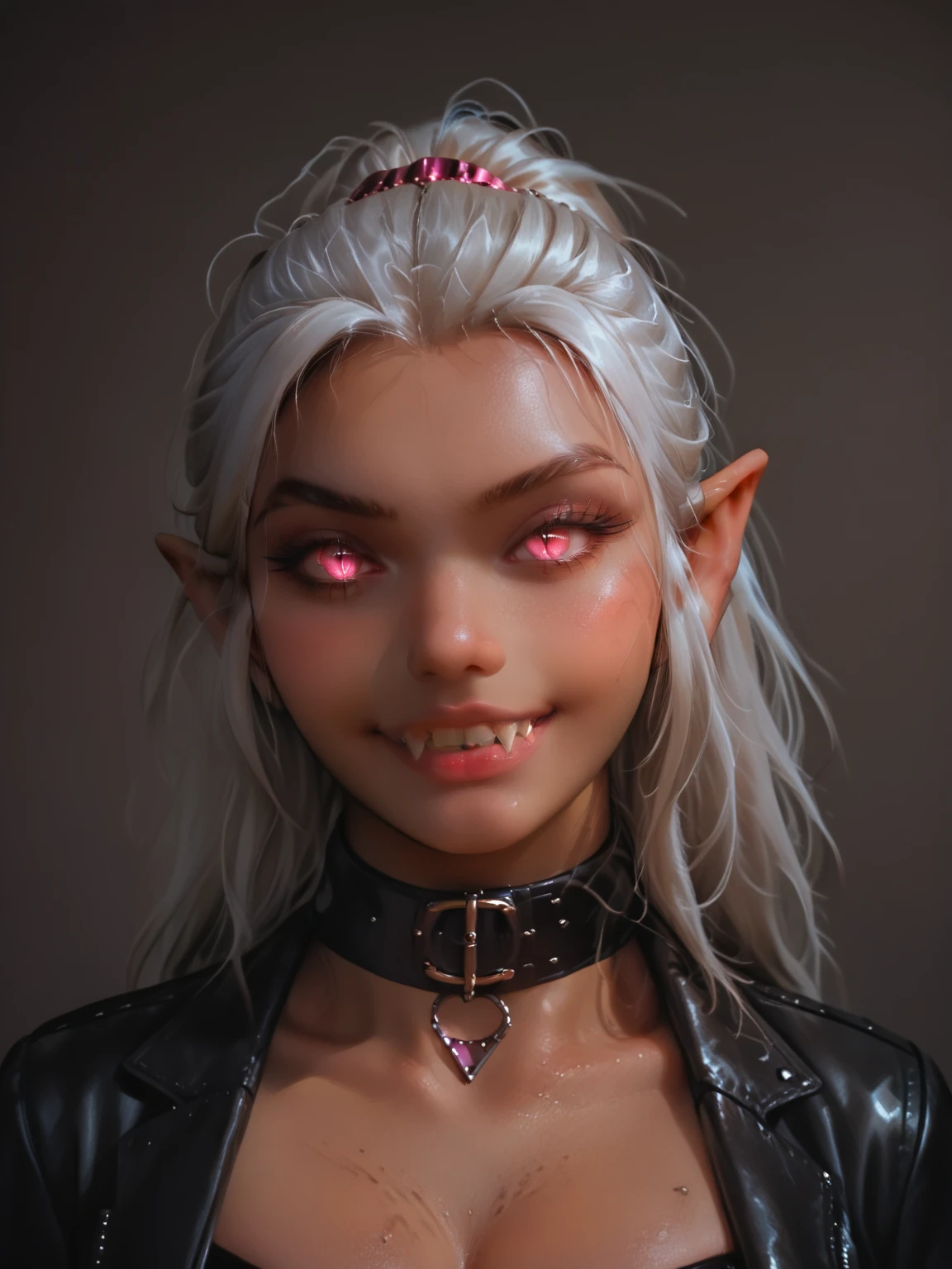 A photo of a woman with (massive cleavage), (glowing pink cat eyes with slit pupils:1.3), (long pointed ears:1.2), (fangs:1.2), ((grey) leather neck collar:1.2), (dark tan skin:1.75), (white hair:1.2), wearing a (grey) leather dominatrix outfit with pink leather trim, glowing pink jewels, laughing, shiny oily skin, detailed face, detailed eyes, detailed lips, detailed chest, highest quality, masterpiece, hyper-realistic, extremely detailed, intricate details, ultra high resolution, 8k, focus on face