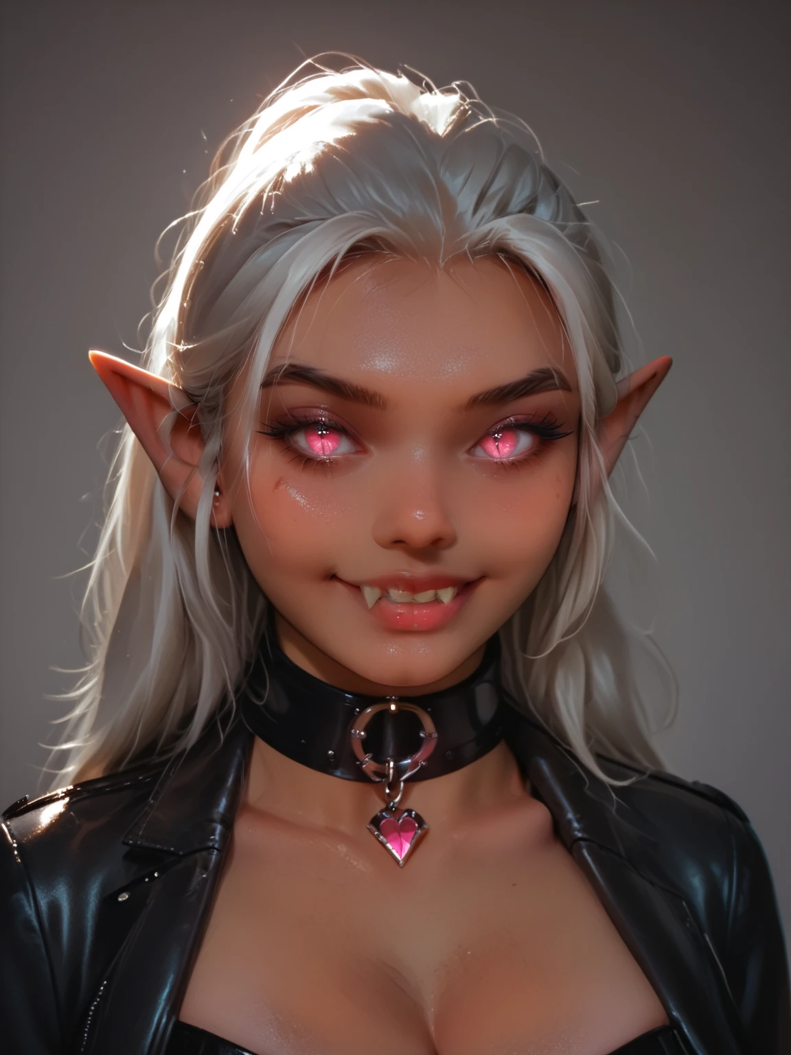 A photo of a woman with (massive cleavage), (glowing pink cat eyes with slit pupils:1.3), (long pointed ears:1.2), (fangs:1.2), ((grey) leather neck collar:1.2), (dark tan skin:1.75), (white hair:1.2), wearing a (grey) leather dominatrix outfit with pink leather trim, glowing pink jewels, laughing, shiny oily skin, detailed face, detailed eyes, detailed lips, detailed chest, highest quality, masterpiece, hyper-realistic, extremely detailed, intricate details, ultra high resolution, 8k, focus on face