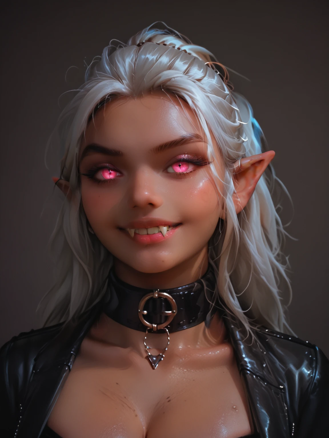 A photo of a woman with (massive cleavage), (glowing pink cat eyes with slit pupils:1.3), (long pointed ears:1.2), (fangs:1.2), ((grey) leather neck collar:1.2), (dark tan skin:1.75), (white hair:1.2), wearing a (grey) leather dominatrix outfit with pink leather trim, glowing pink jewels, laughing, shiny oily skin, detailed face, detailed eyes, detailed lips, detailed chest, highest quality, masterpiece, hyper-realistic, extremely detailed, intricate details, ultra high resolution, 8k, focus on face