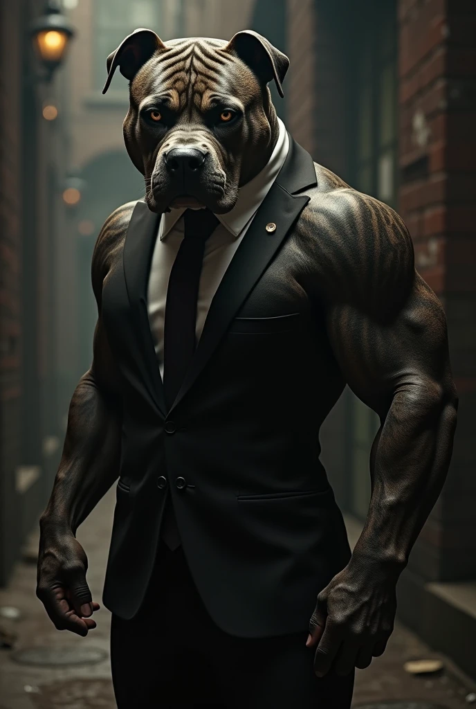 A german dog with big muscular body with black suit and a black tie .his hands are in his pants packets