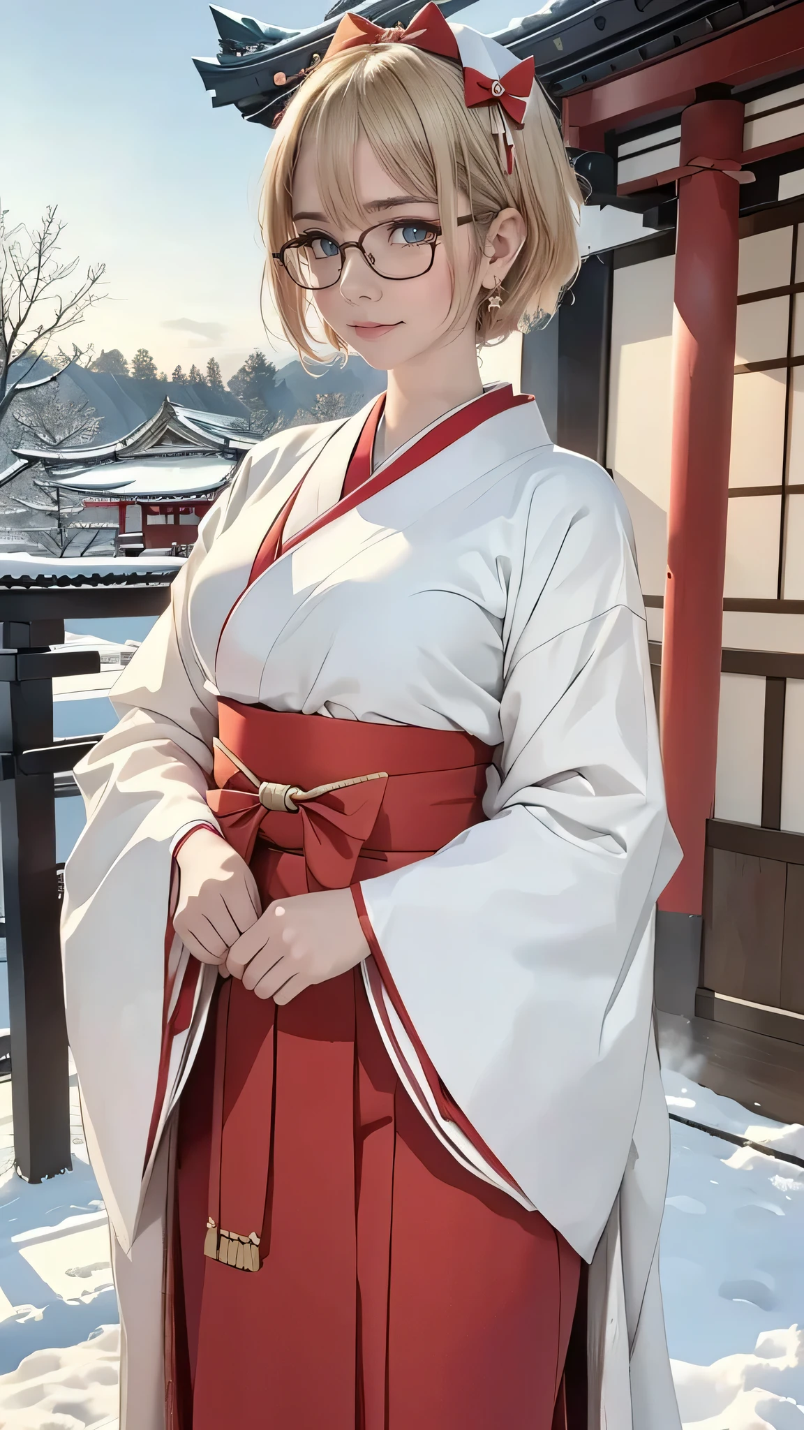 masterpiece, best quality, ultra detailed 8k, extremely detailed eyes, posing cute girl, yo, (blonde hair, very short hair, hairs between eyes), blue eyes, (glasses), smile, slender body, (dancing the Shinto dance, Kagura), 
BREAK
(Japanese Miko, traditional shrine maiden clothes), (red long hakama skirt), (long-sleeved white kimono), (red bow hairband:1.2), 
BREAK
background, the Japanese garden, the shrine, winter sunset, fallen snow, starry sky