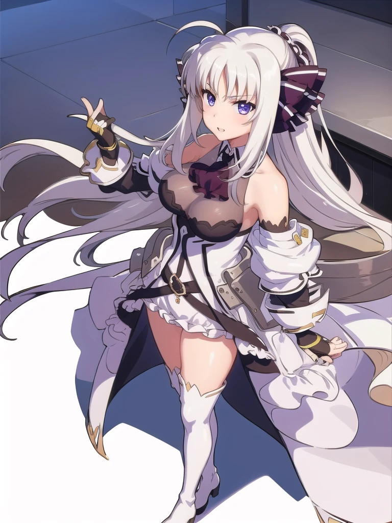  score_9, score_8_up, score_7_up, source_anime, rating_safe BREAK 1 girl, solo, ((indoor)), best quality, high quality, ultra detailed, detailed fingers, ((white hair)), rinne_bj, ((white thigh-length boots)), absolute territory, bare shoulders, ((thigh-high boots)), black gloves, black ascot, fingerless gloves, puff sleeves, skirt, black sleeves, separated sleeves and shoulders,
 female standing, long hair, looking at viewer, purple eyes, ahoge, v-shaped eyebrows, large breasts, hair ribbon, ponytail, bangs, full body, 
