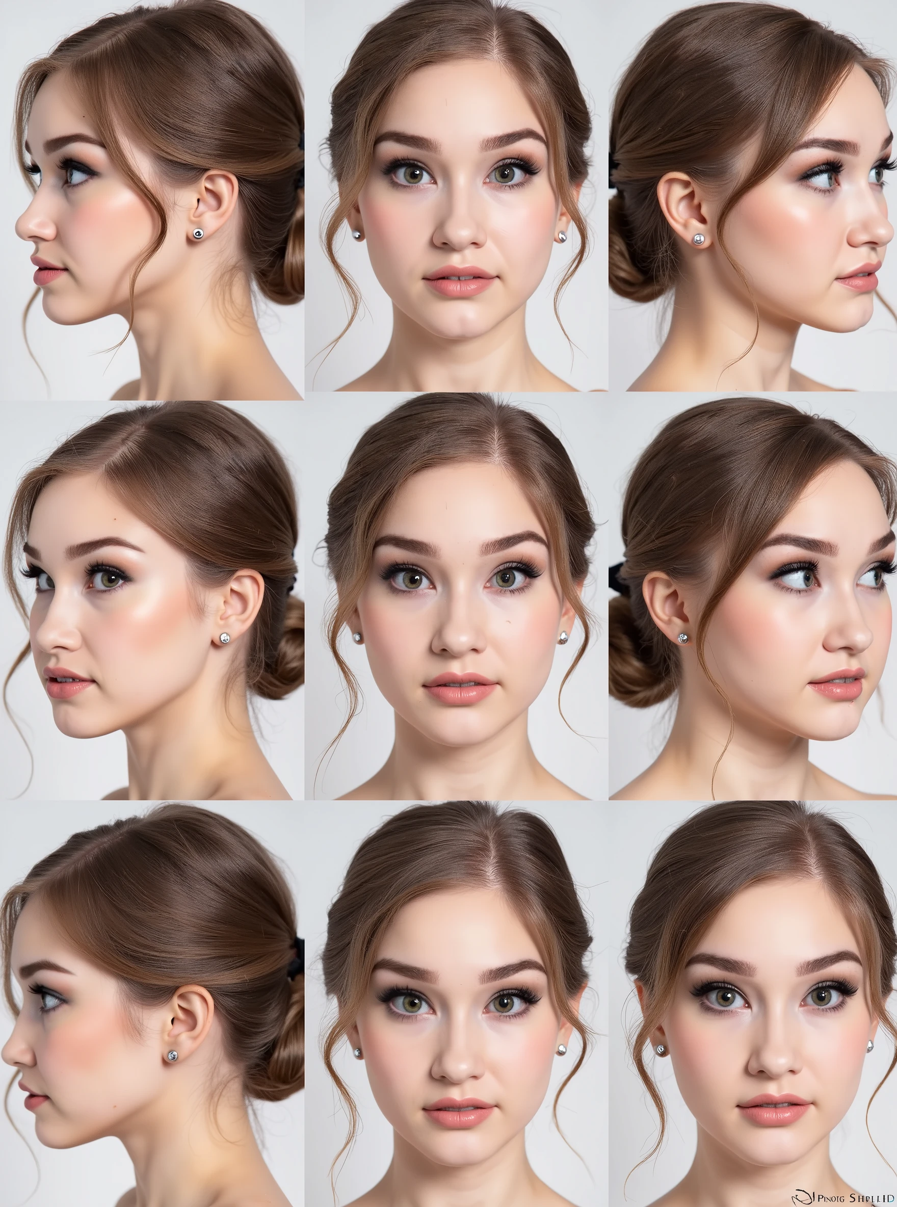 20-year-old, teen, ch3ry1b10ss0m woman, detailed face, griid of her face, Each frame features her face in various poses: some angled for a profile view, while others are straight-on frontal shots