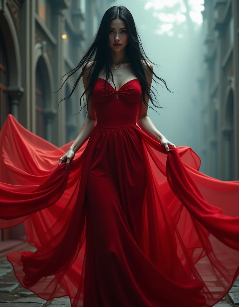 Dramatic, grittiness, intense:1.4),Masterpiece, Best quality, 32K crazy details, Intricate details, ultra - detailed, hyper qualit, High detail, Ultra detailed, Masterpiece, (full bodyesbian:1.5), Redness of the eyes，Full body shot from head to toe， Extremely high, slender sexy girl in red dress in front of white eyes, Extra-long hair fell to the ground，huge tit，fat hips，Long legs，Chinese shoes，Unreal background, Smoke and mist, It seems that something is coming out. Chinese Taoist ghost legends inspire horror, Chinese horror doll core, Dark purple and light blue, The reality of chiaroscuro is exaggerated, Works influenced by Japanism, Hidden core Junji Ito, Miho Hirano, Ilya Kuvshinov, 张艺谋 in the mood of, Thick paintings, Oil paintings, Ink painting Movie textures, Top view, an extreme closeup shot, Realistic 3D, Ultra detailed. blender, C4D, High detail, high resolution,full body shot shot。