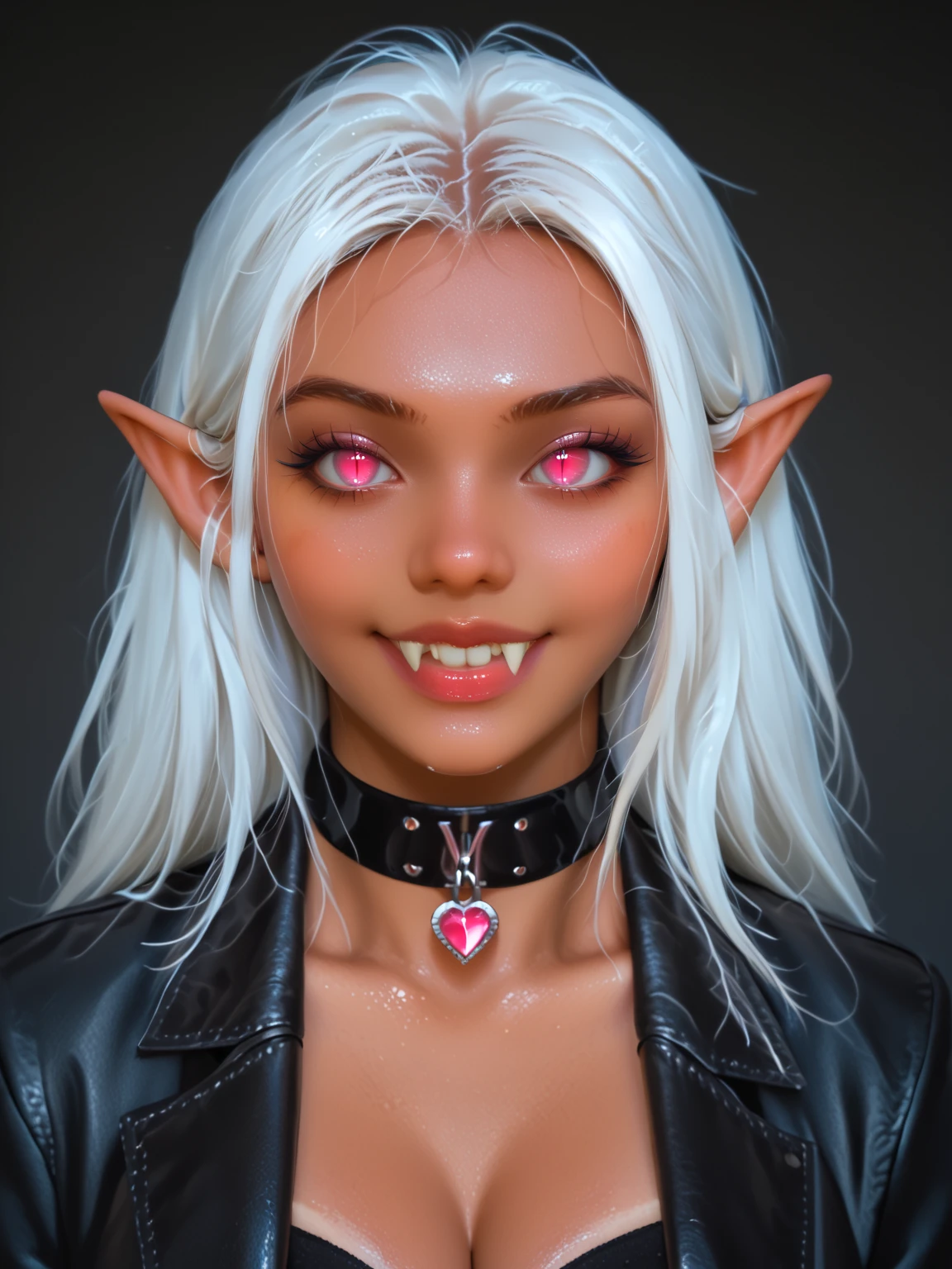 A photo of a woman with (massive cleavage), (glowing pink cat eyes with slit pupils:1.3), (long pointed ears:1.2), (fangs:1.2), ((grey) leather neck collar:1.2), (dark tan skin:1.75), (white hair:1.2), wearing a (grey) leather dominatrix outfit with pink leather trim, glowing pink jewels, laughing, shiny oily skin, detailed face, detailed eyes, detailed lips, detailed chest, highest quality, masterpiece, hyper-realistic, extremely detailed, intricate details, ultra high resolution, 8k, focus on face