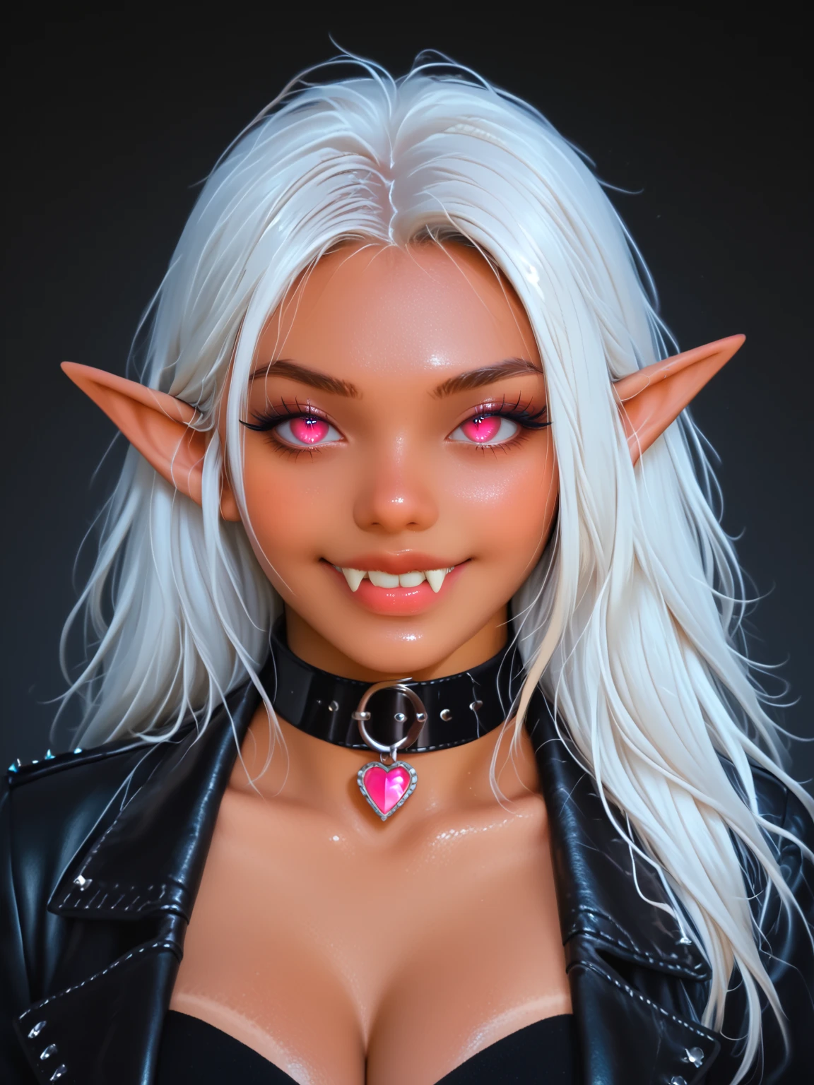 A photo of a woman with (massive cleavage), (glowing pink cat eyes with slit pupils:1.3), (long pointed ears:1.2), (fangs:1.2), ((grey) leather neck collar:1.2), (dark tan skin:1.75), (white hair:1.2), wearing a (grey) leather dominatrix outfit with pink leather trim, glowing pink jewels, laughing, shiny oily skin, detailed face, detailed eyes, detailed lips, detailed chest, highest quality, masterpiece, hyper-realistic, extremely detailed, intricate details, ultra high resolution, 8k, focus on face