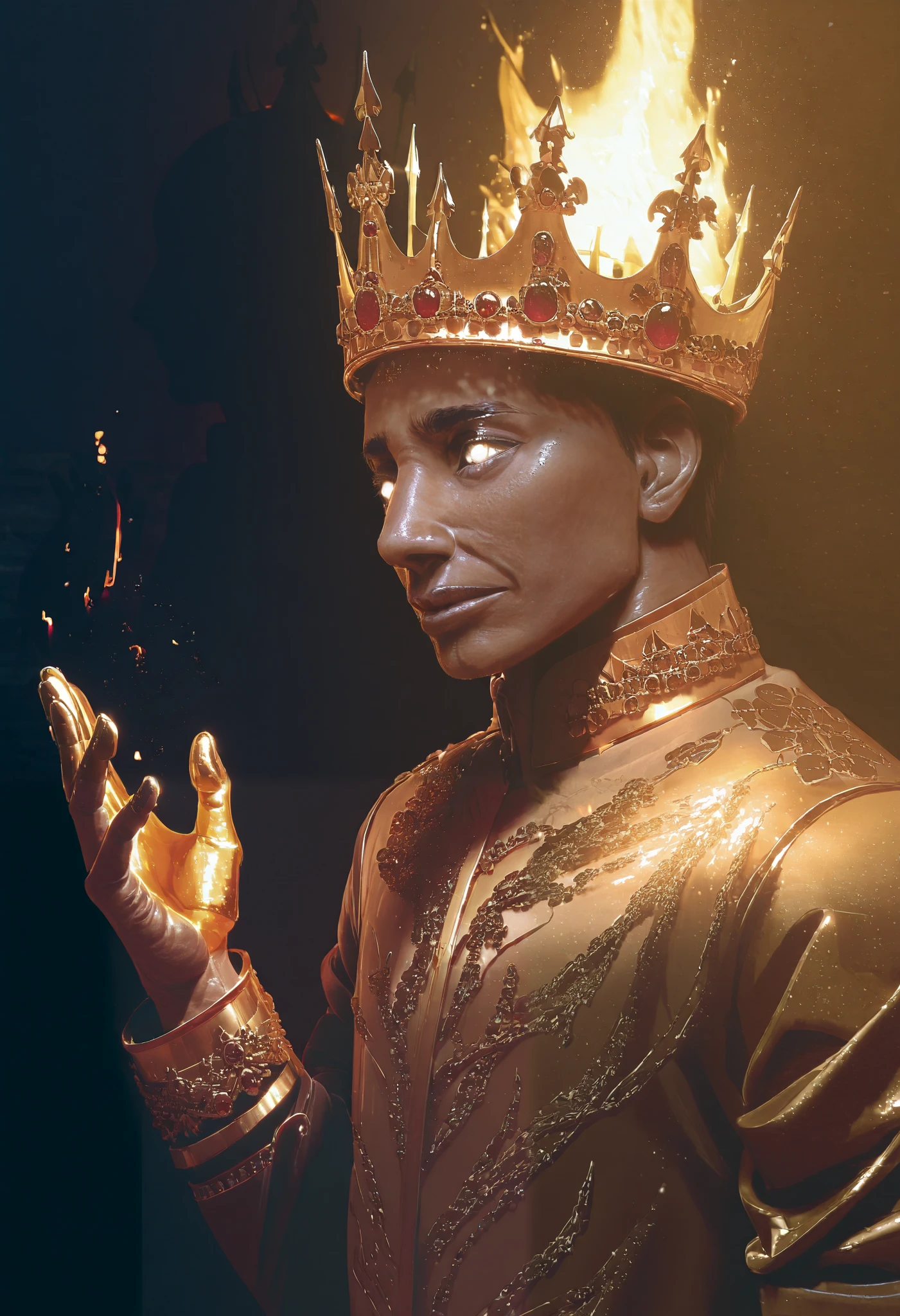 A very aesthetic image,visual fracture,(humanoid shadow),Black flames,Flaming crows,semi-realistic,smoky, shiny gold crown, shiny white eyes ,King Midas, gold fingers , realistic gold ,textured , gold fingers 